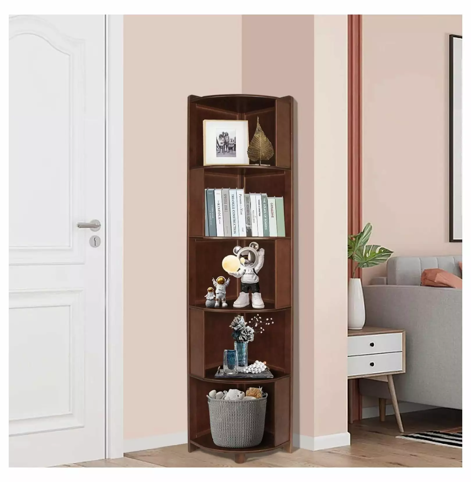 ZHANGHU 5-Tier Bamboo Corner Bookshelf Mid-Century Modern Standing Shelf Home Office