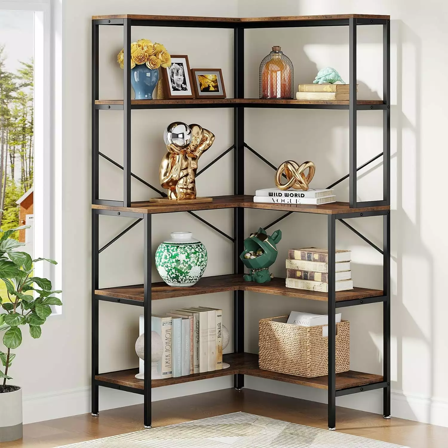 ZHIBING L Shaped Bookshelf 5 Tiers Corner Bookcase 67 Tall Open Wood Storage Shelves Living Room Kitchen