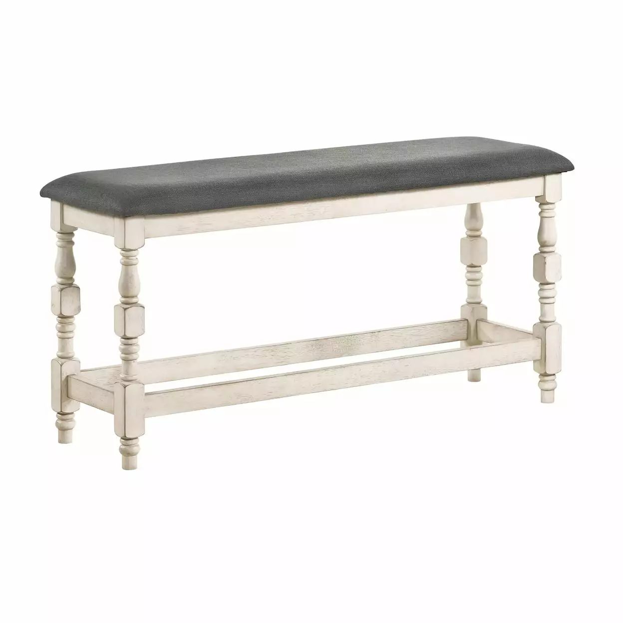 Swan 51 Inch Counter Height Bench Gray Padded Seat and Ivory Turned Legs - Saltoro Sherpi Design Benches