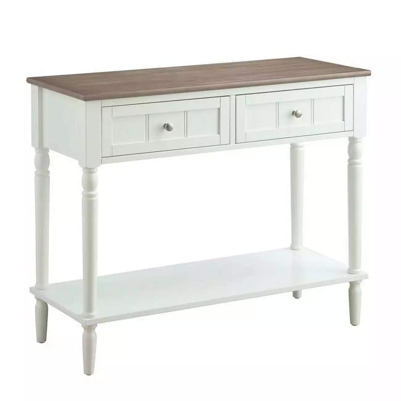 Two Drawer French Country Hall Table Driftwood White Finish Console Convenience Concepts