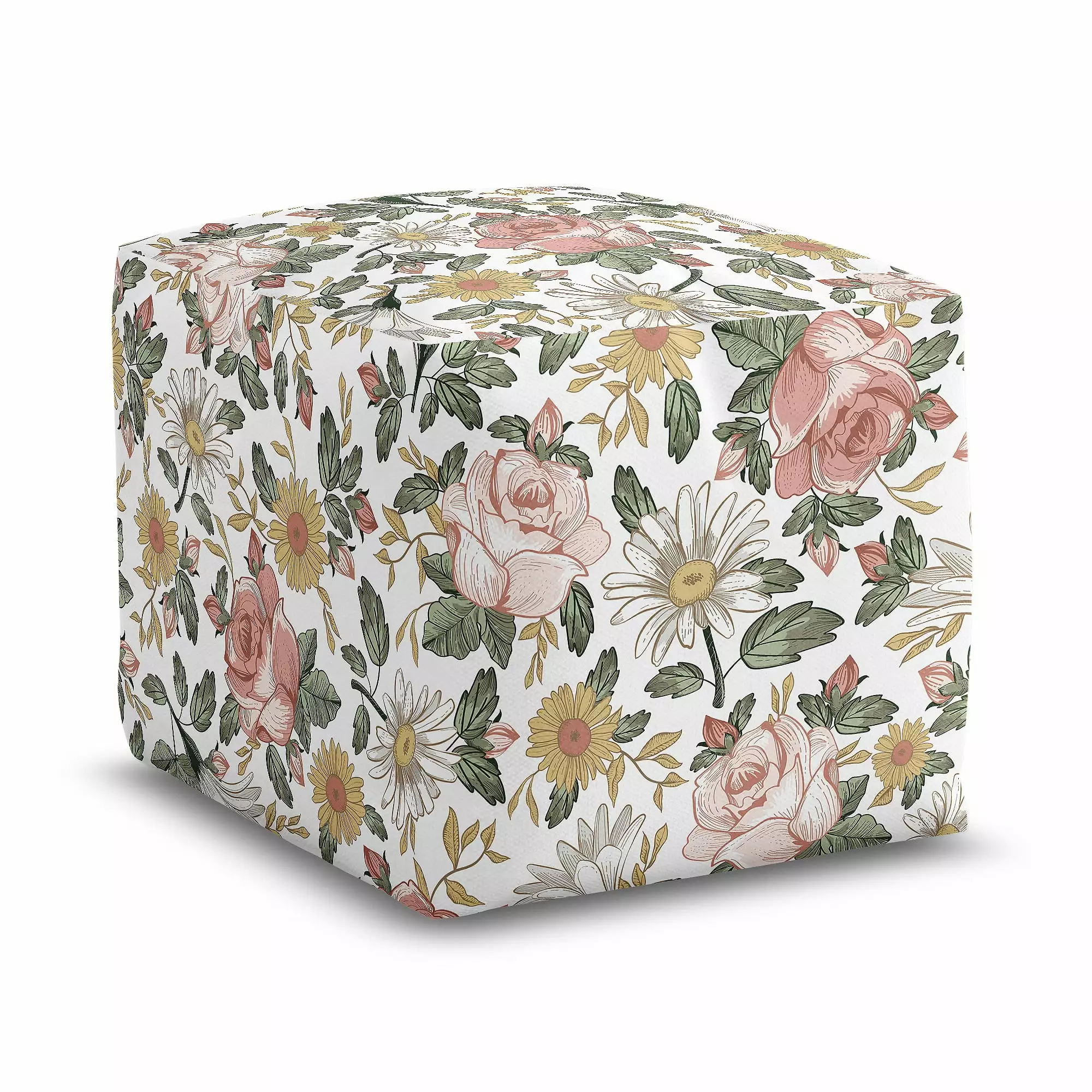 Vintage Floral Pink and Green Unstuffed Ottoman Pouf Cover Sweet Jojo Designs