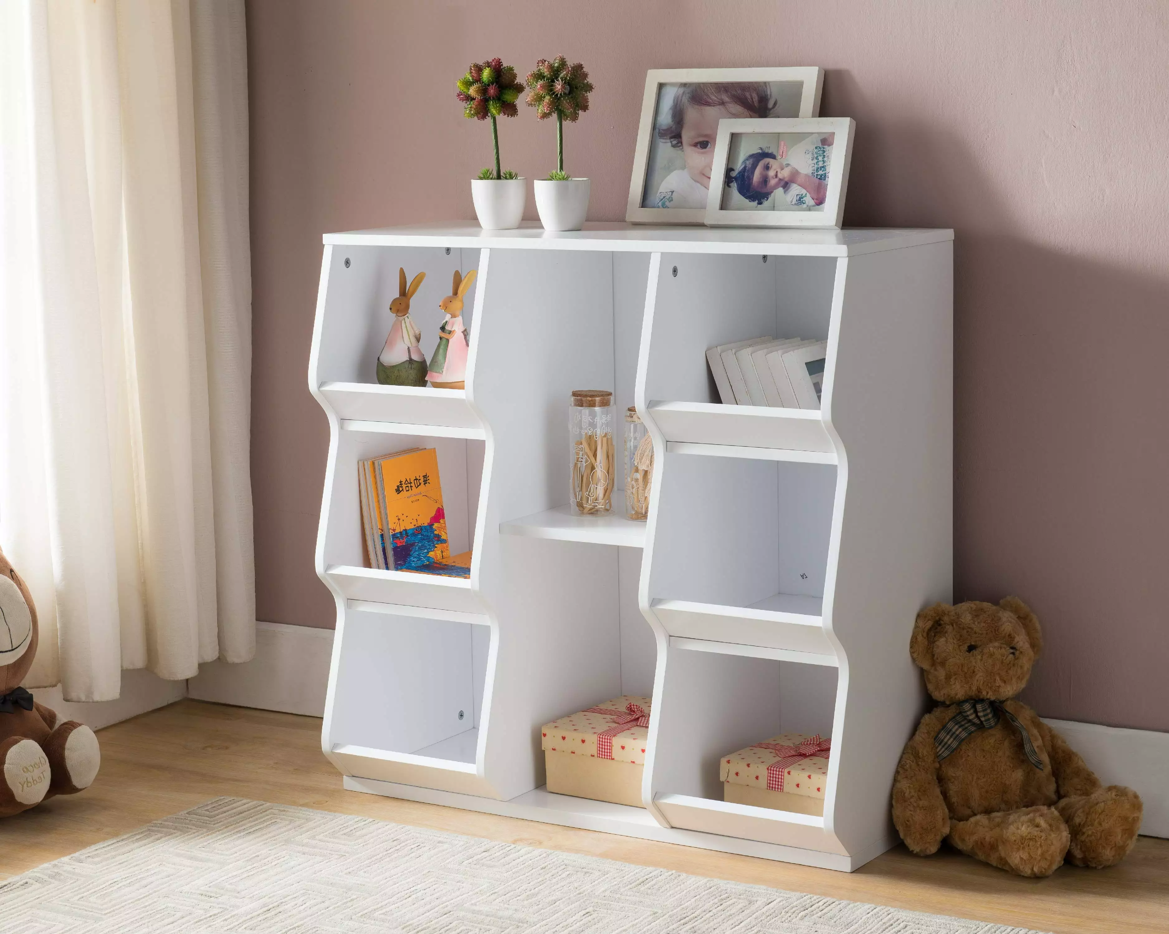 Gali Kids Bin Cubby Storage Bookcase 8 Shelves White Wood Contemporary Pilaster Designs