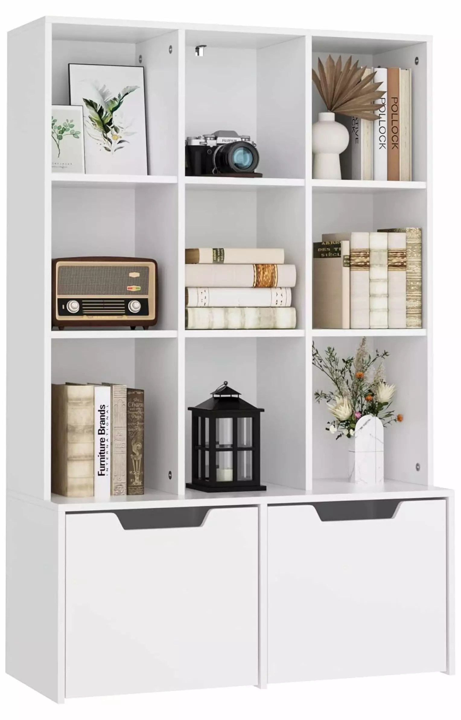 LaYelxt Cube Bookshelf 55.1 H Bookcase Storage Cabinet Wooden 9 Compartments and 2 Large Drawers White