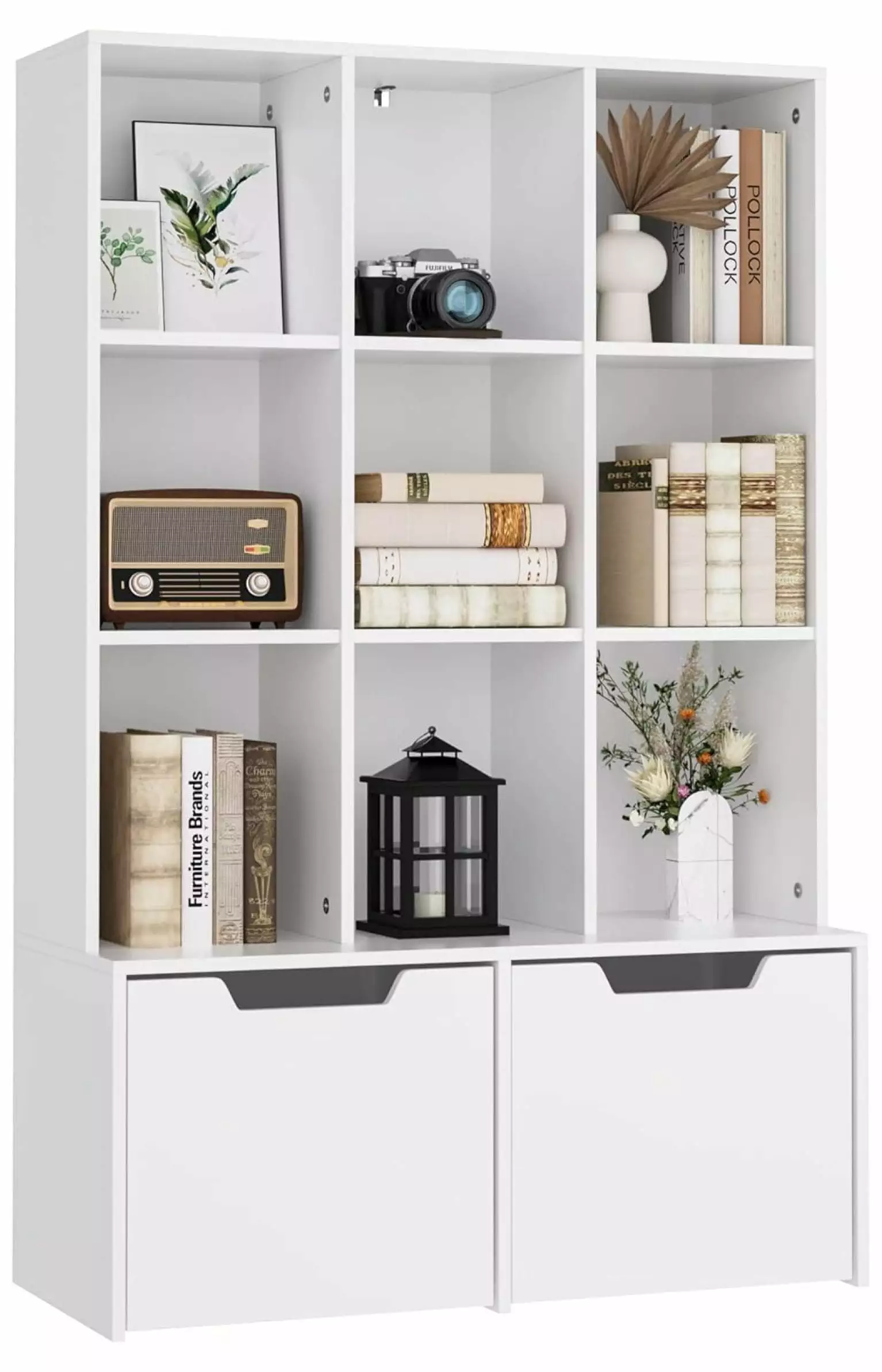 Tyslan Cube Bookshelf 55.1 H Bookcase Storage Cabinet Wooden 9 Compartments and 2 Large Drawers White
