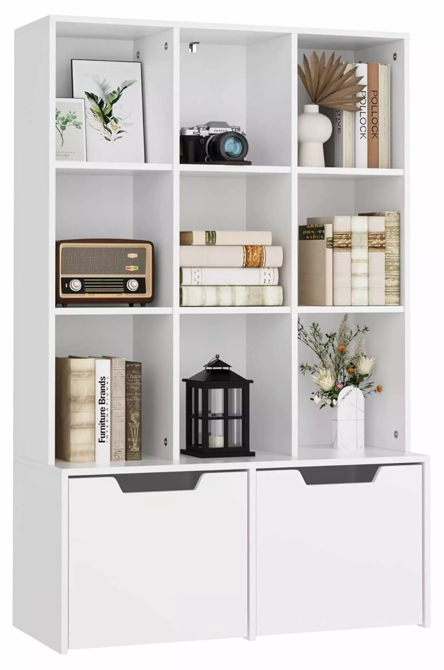 XylehR Cube Bookshelf White 55.1 H Bookcase Storage Cabinet Wooden 9 Compartments and 2 Large Drawers