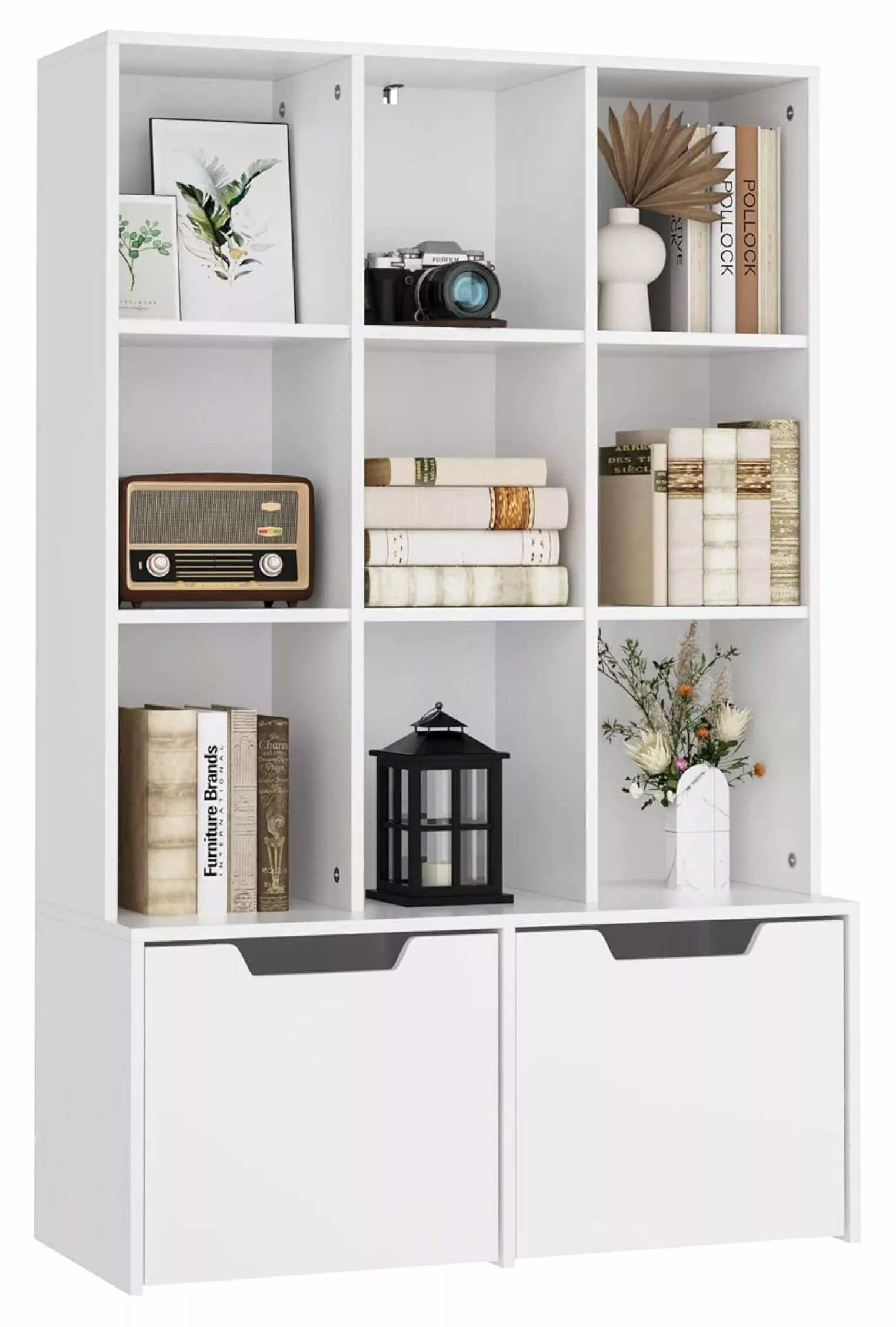 ZiaZbYinY Cube Bookshelf White 55.1 H Bookcase Storage Cabinet Wooden 9 Compartments and 2 Large Drawers