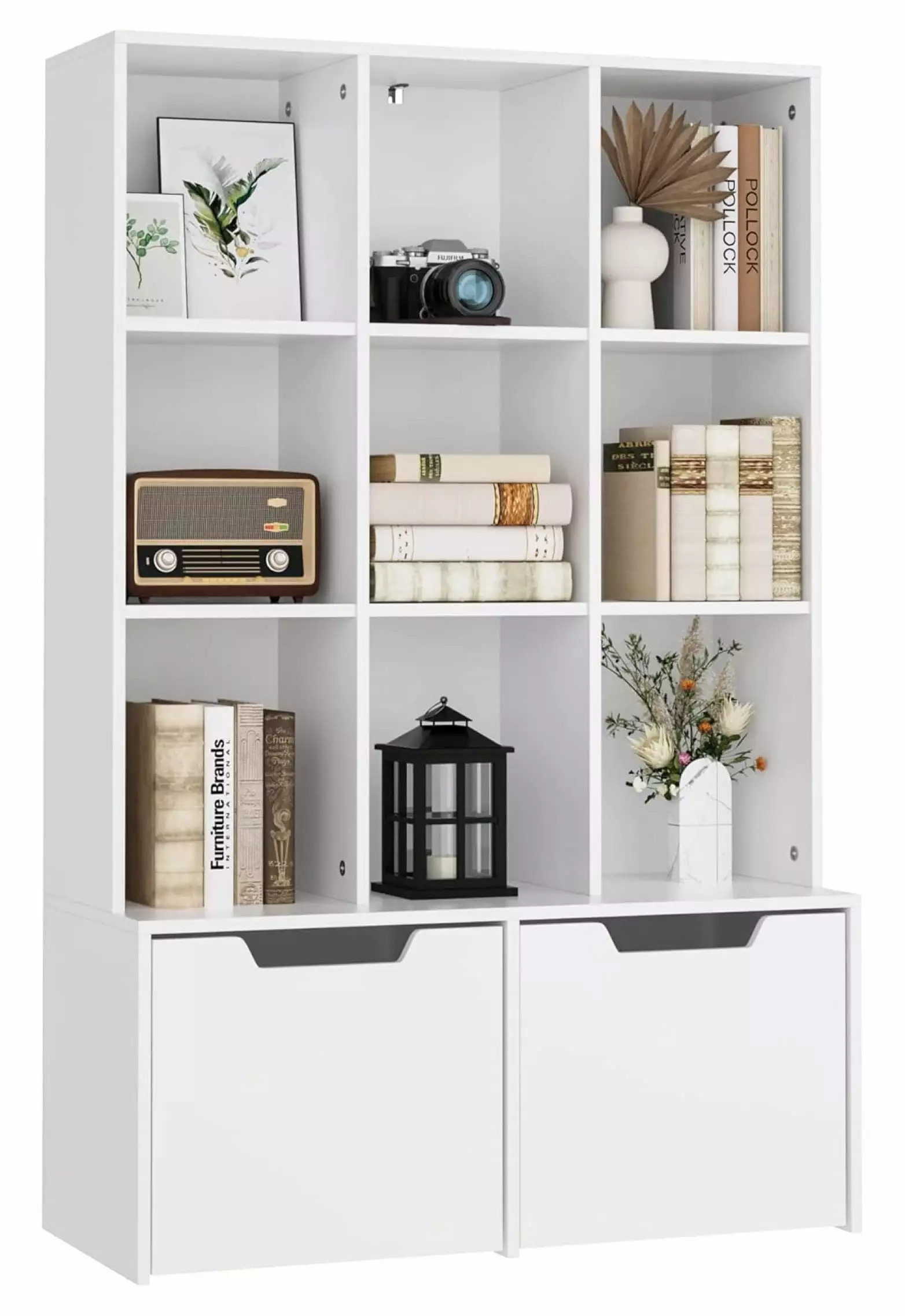 CHNRED Cube Bookshelf 55.1 H Bookcase Storage Cabinet Wooden 9 Compartments and 2 Large Drawers White