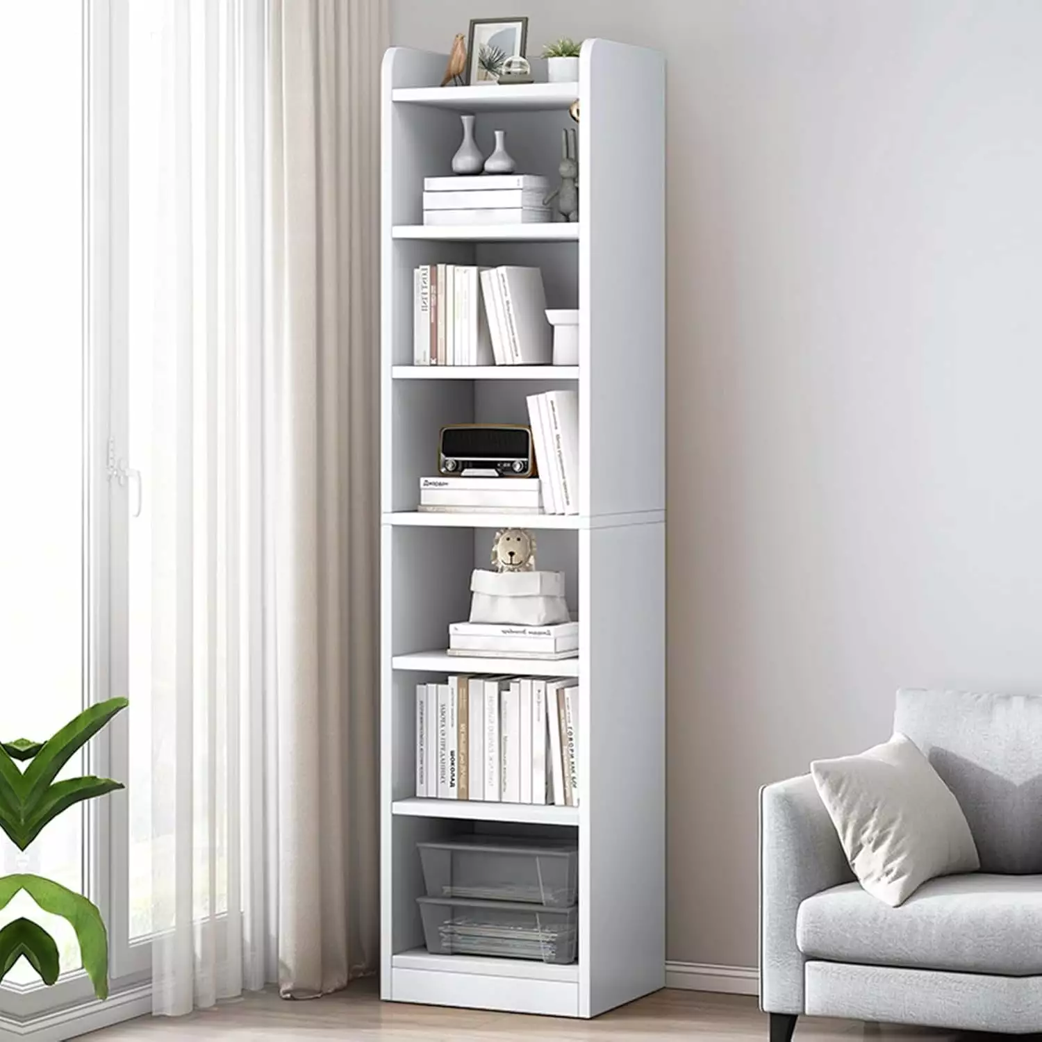 71 Inch Tall Narrow Bookcase 6 Tier Cube Display Shelves Bookcase Storage Modern Slim Corner Bookshelf Home Office Living ...