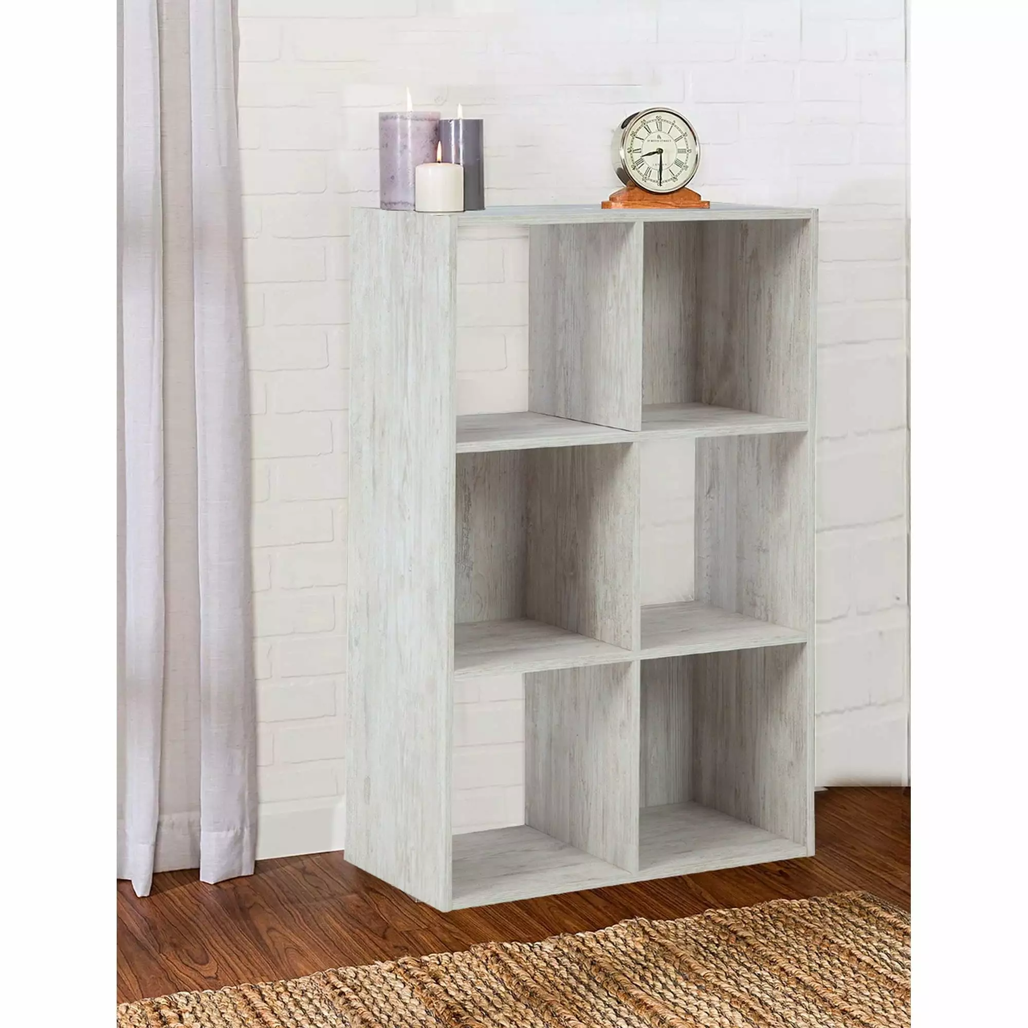 6 Cube Wooden Organizer Grain Details Washed White Storage Shelf Home Office Bed Bath & Beyond