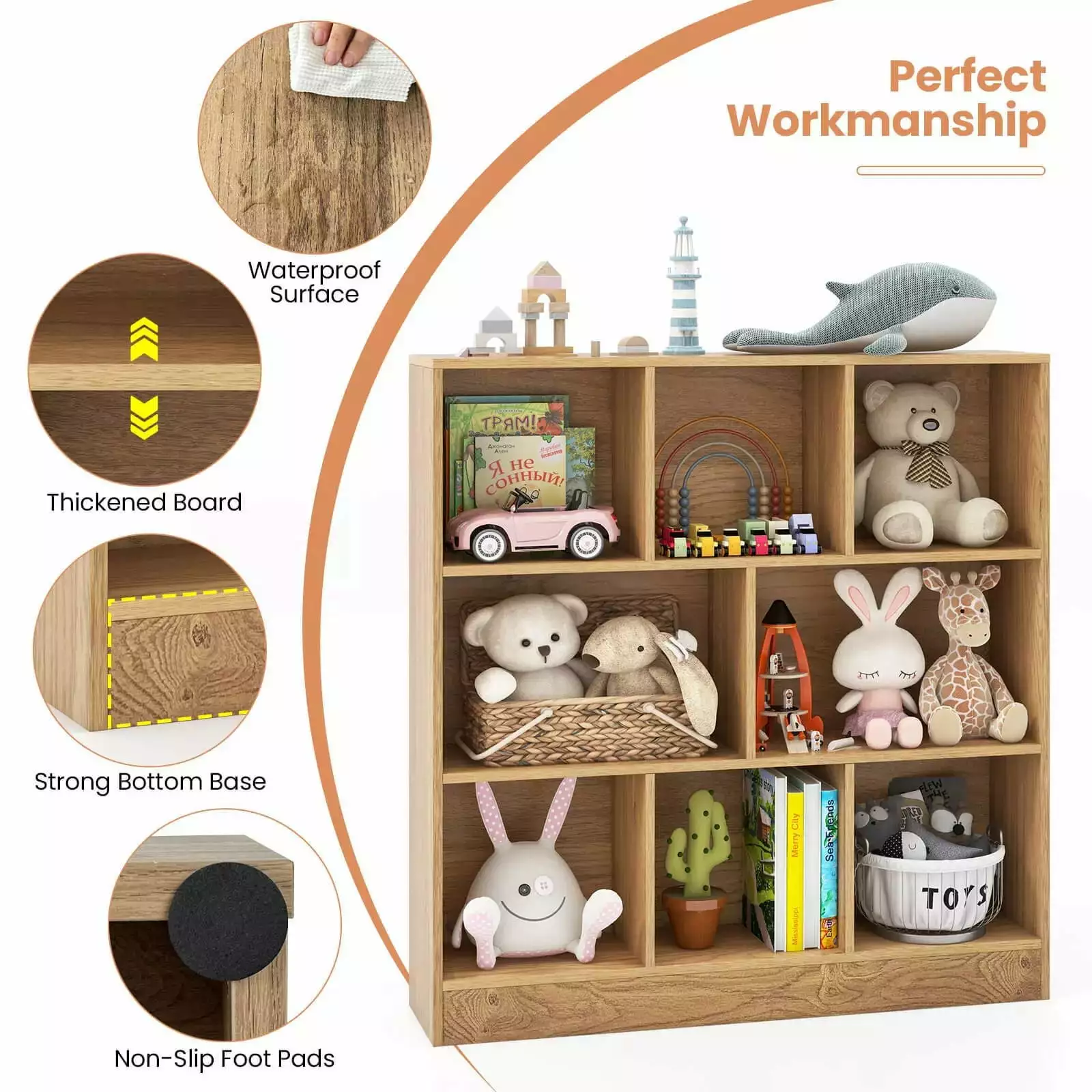Harmijoy 8-Cube Wooden Bookcase Toy Storage Organizer Natural Finish Kids Bookshelf