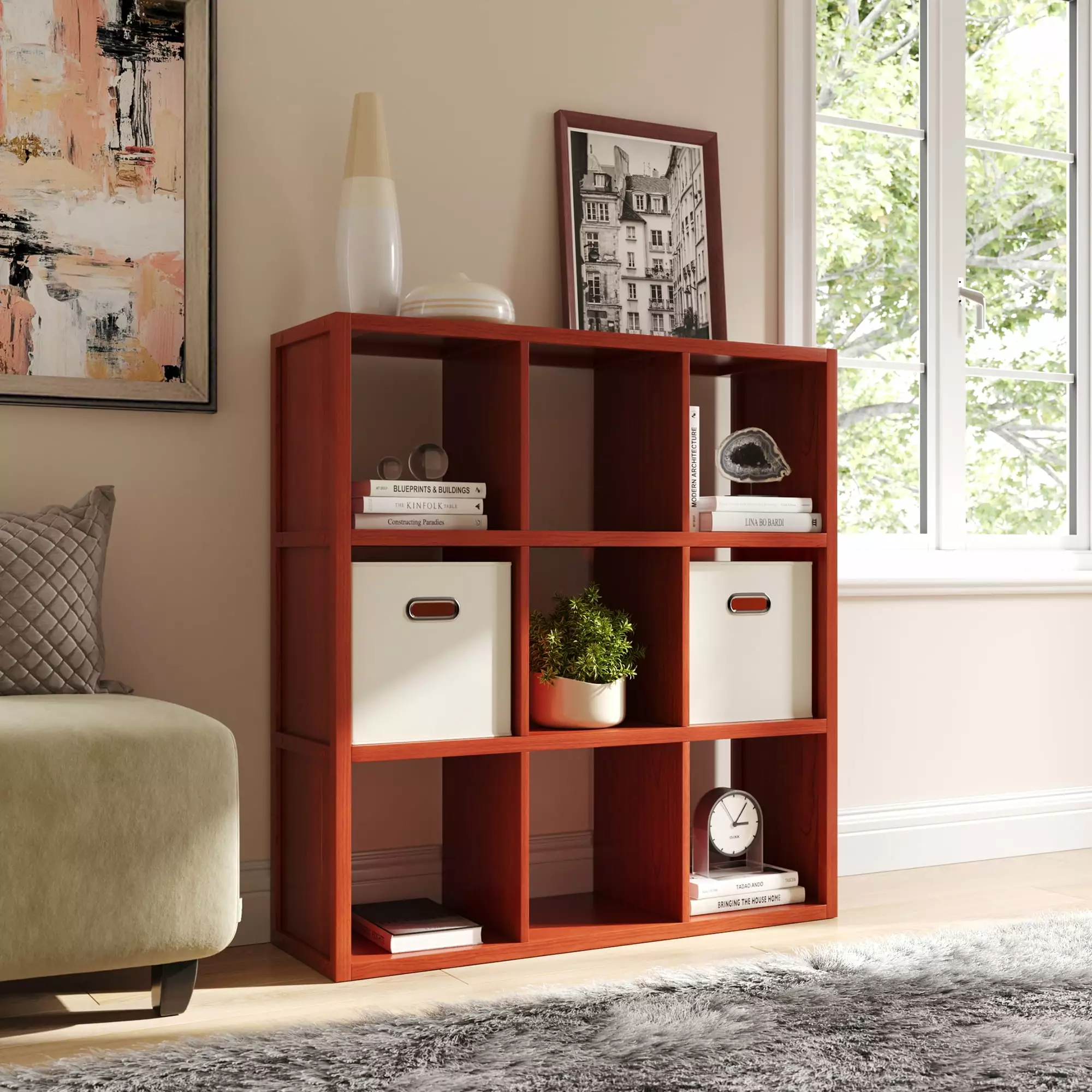 Wood 9 Cube Storage Organizer Red Mahogany John Louis Home
