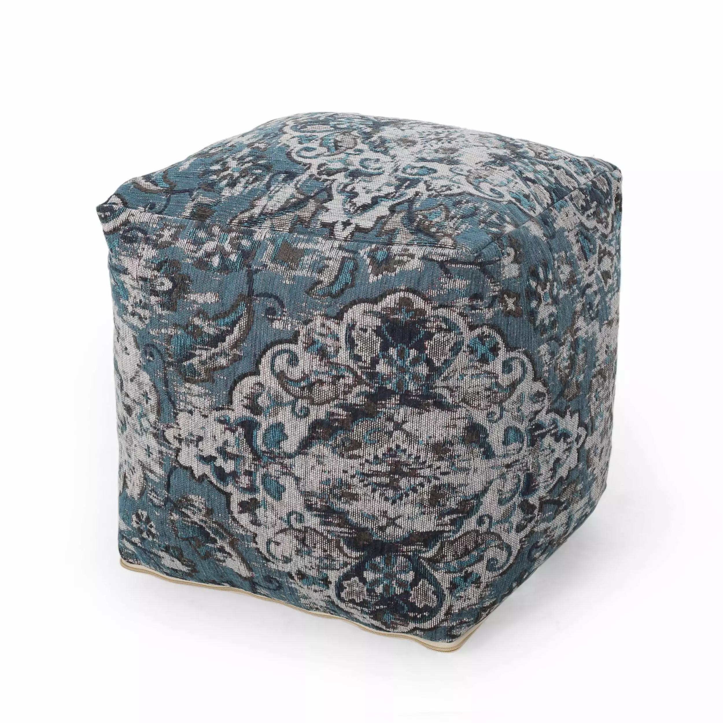 GDF Studio Concho Boho Handmade Fabric Cube Pouf Blue GDFSTUDIO