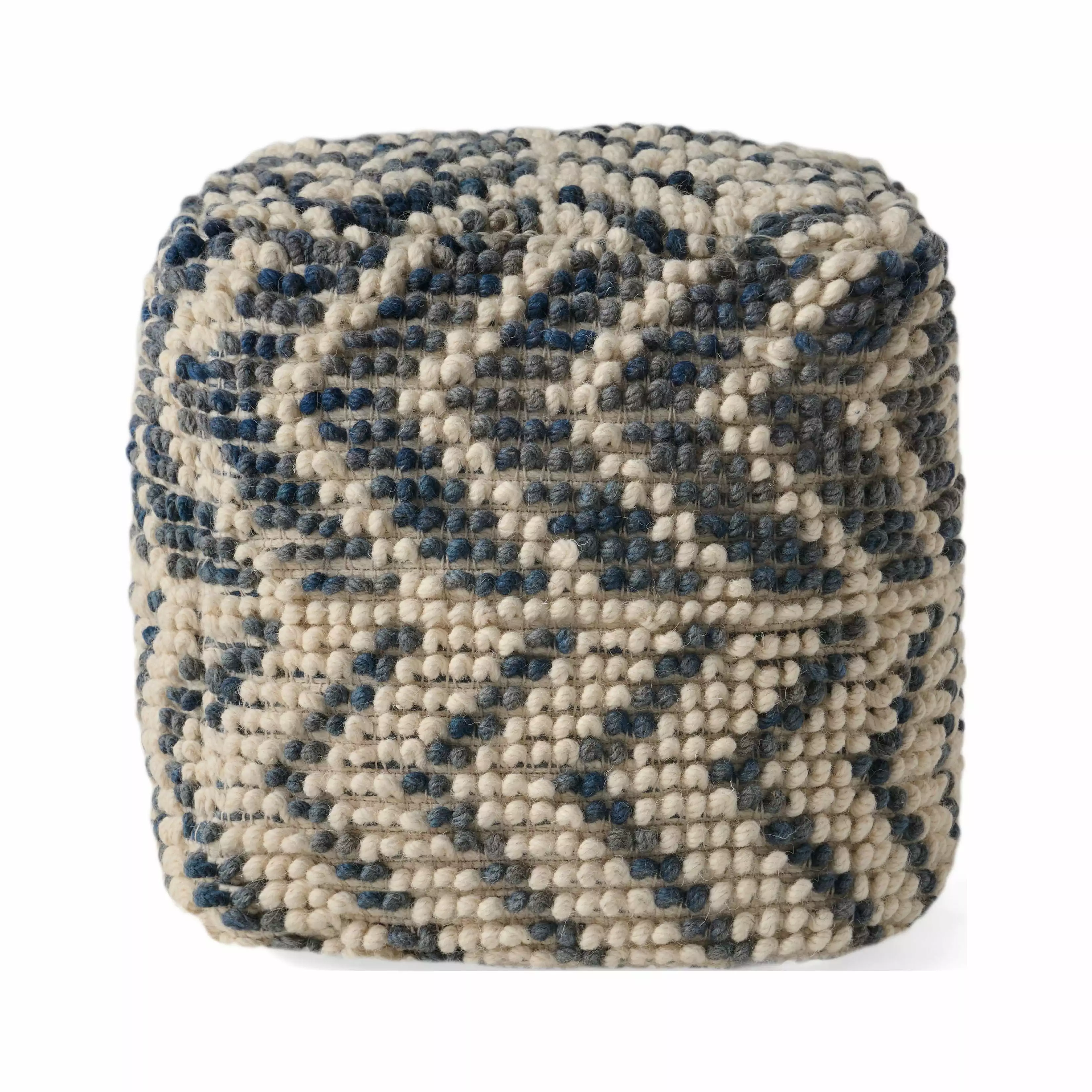 Zander Boho Handmade Fabric Large Cube Pouf White and Blue GDFSTUDIO