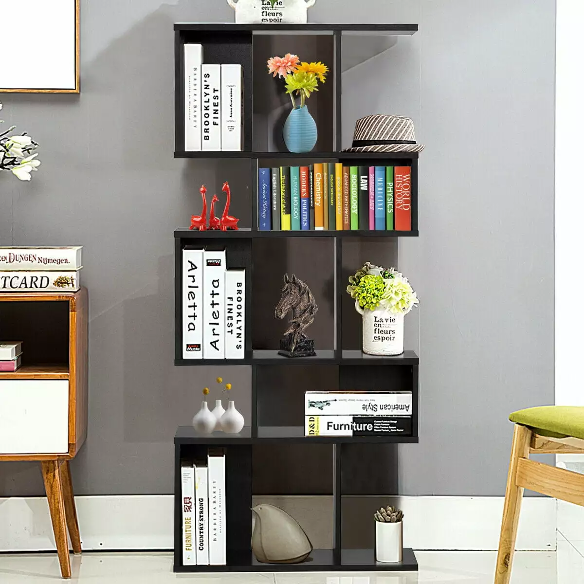 Gymax 5 Cubes Freestanding Corner Bookshelf Display Rack Bookcase Black