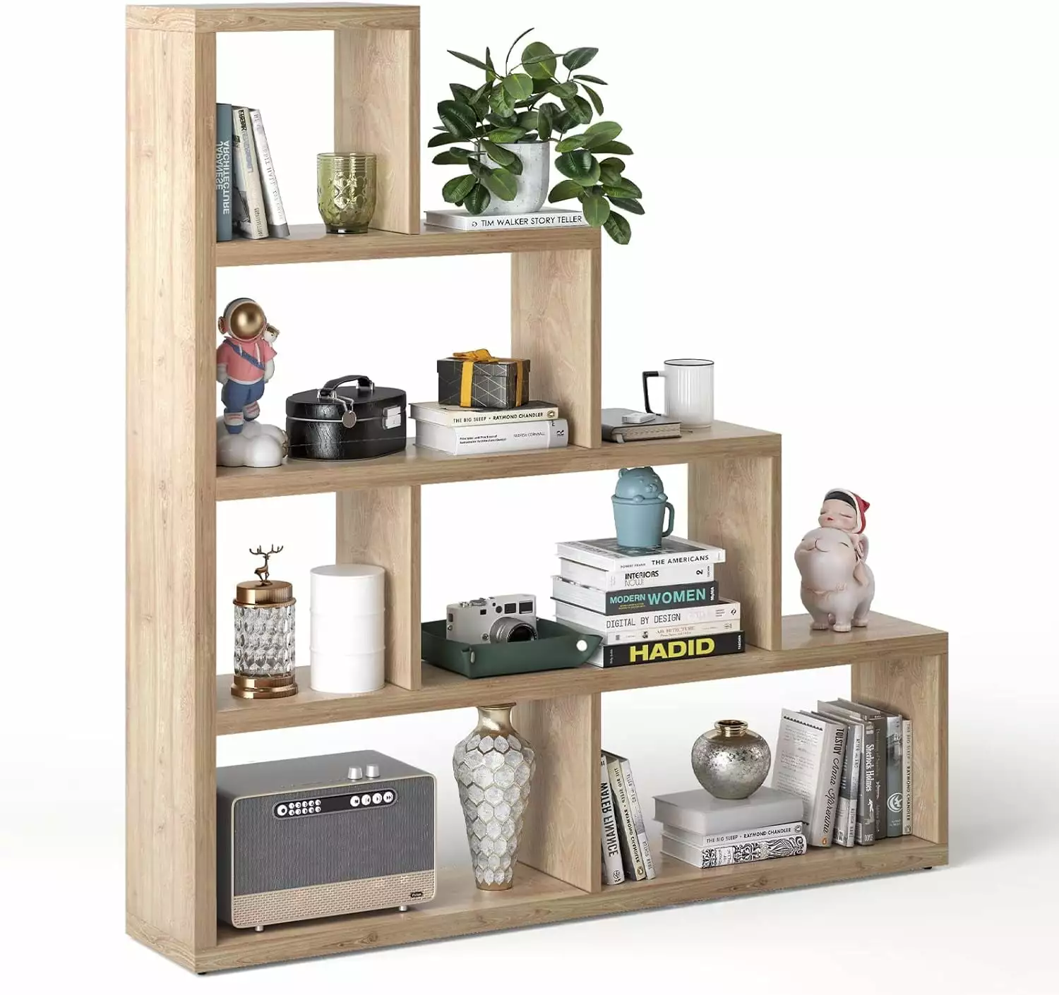 YAQININ 6-Cube Stepped L-Shaped Corner Bookshelf Living Room Office Natural
