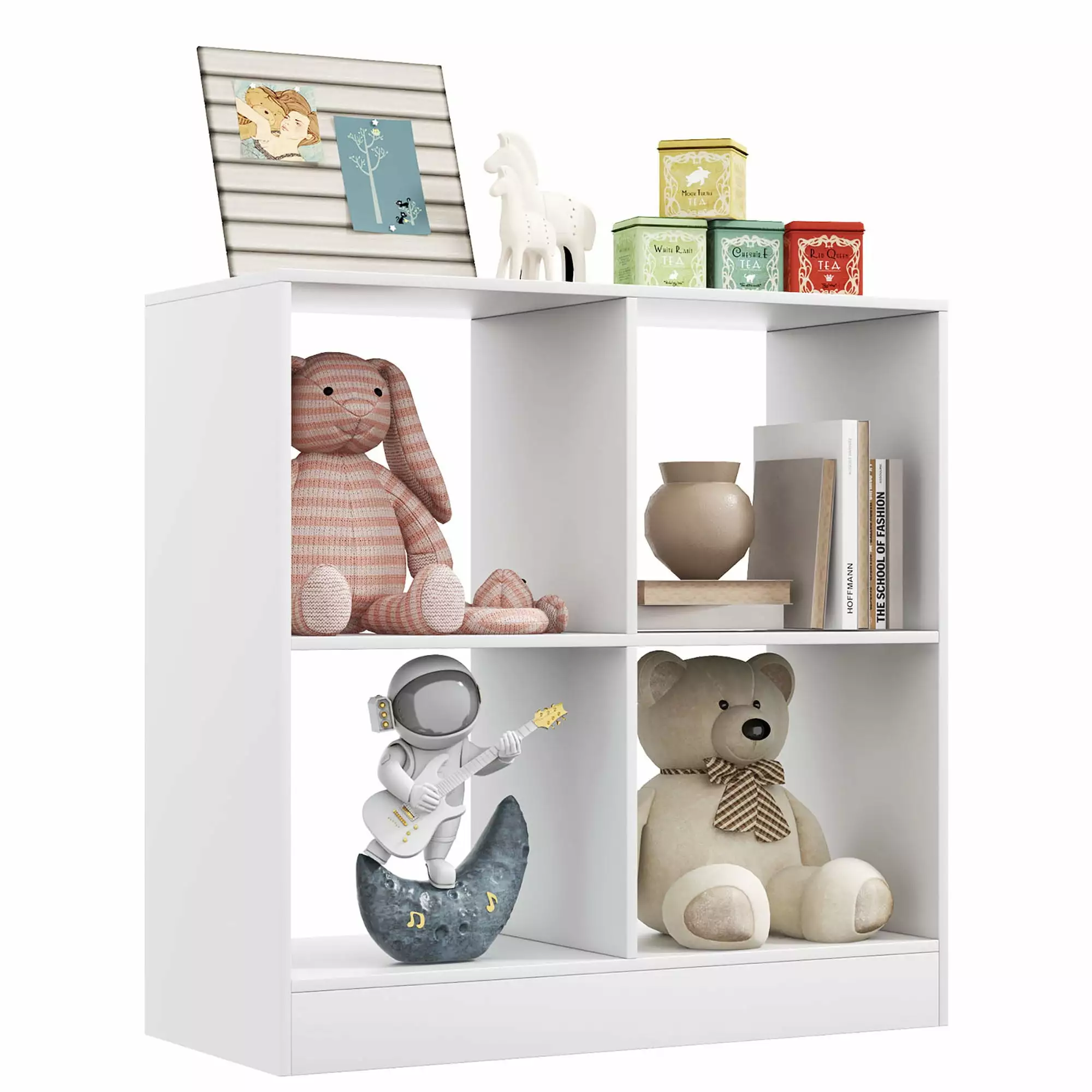 Costway Kids Toy Storage Organizer 4-Cube Wooden Display Bookcase Anti-toppling Device