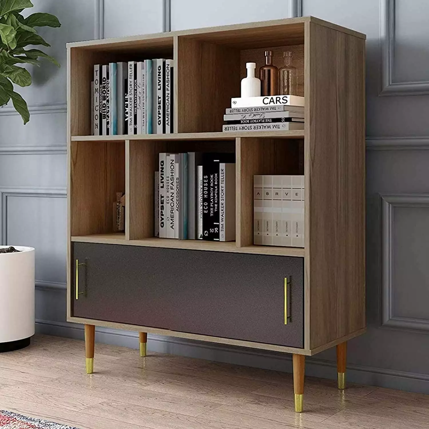 Cube Bookshelf 3 Tier Mid-Century Modern Bookcase Doors & Legs Rustic Brown Display Shelf Alohappy