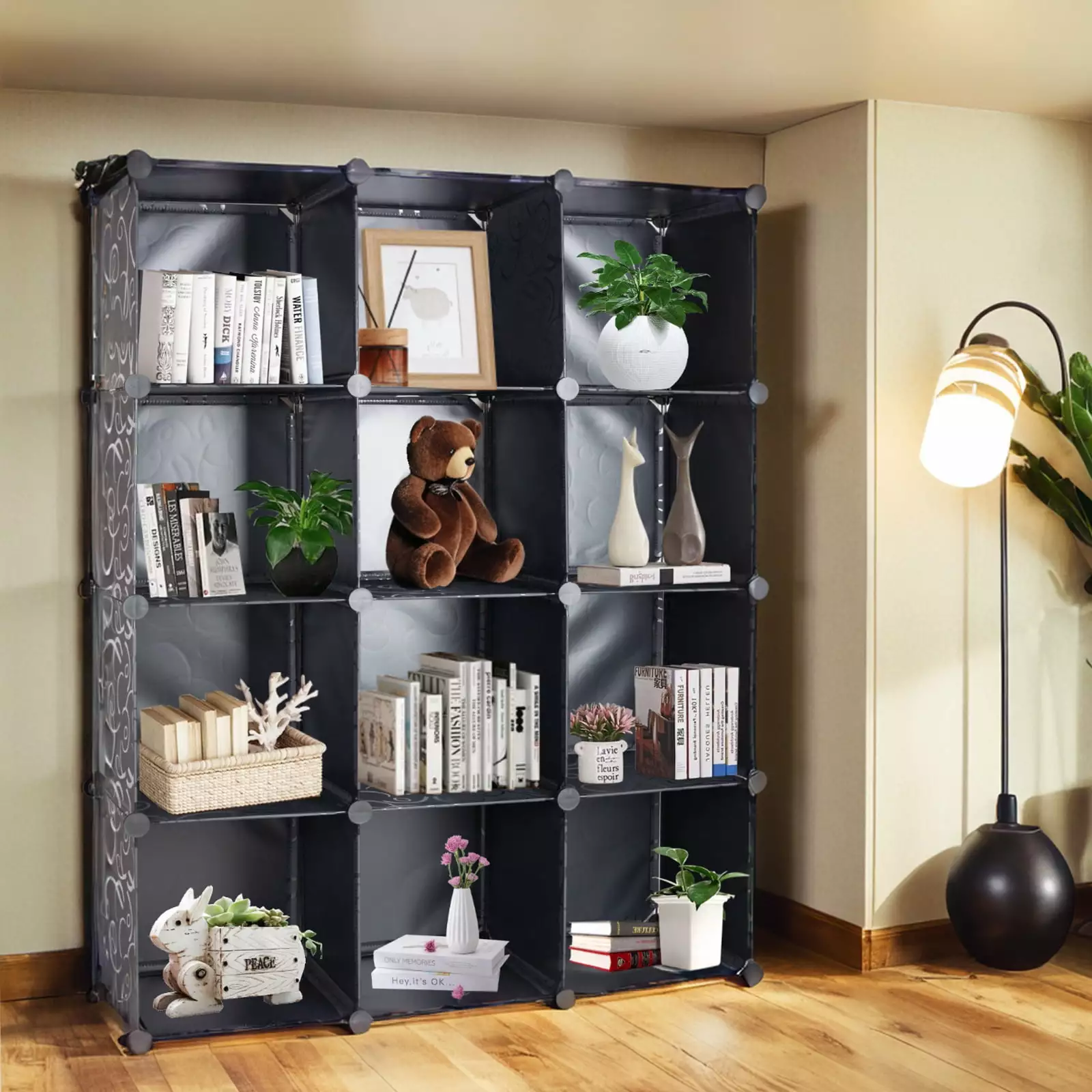 PinkSheep 12 Cube Organizer Modular Storage Cubes Plastic DIY Closet Bookshelf Black