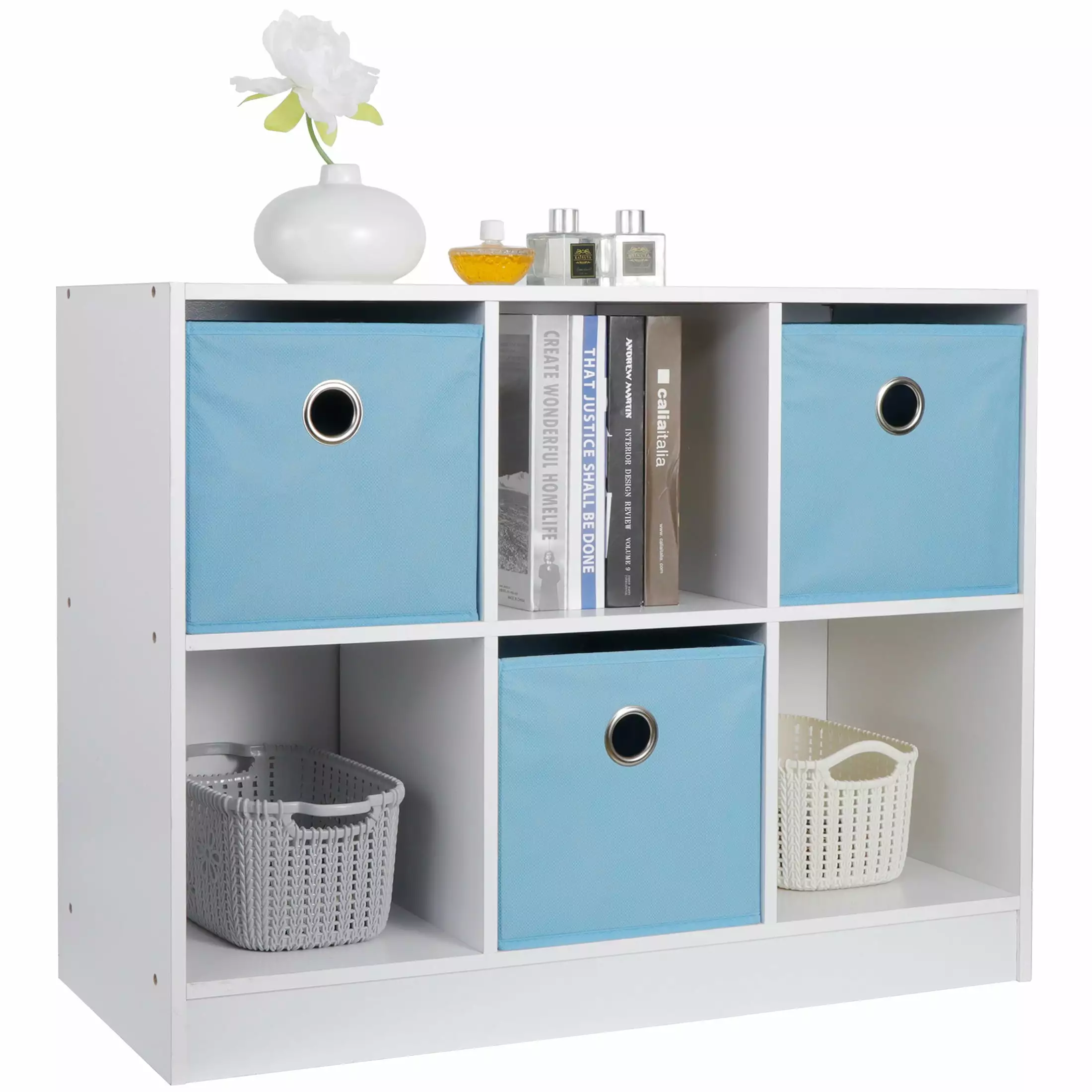 ZenSports 6 Cube Storage Organizer 2 Shelves Bookcase MDF Cabinet 3 Fabric Bins White