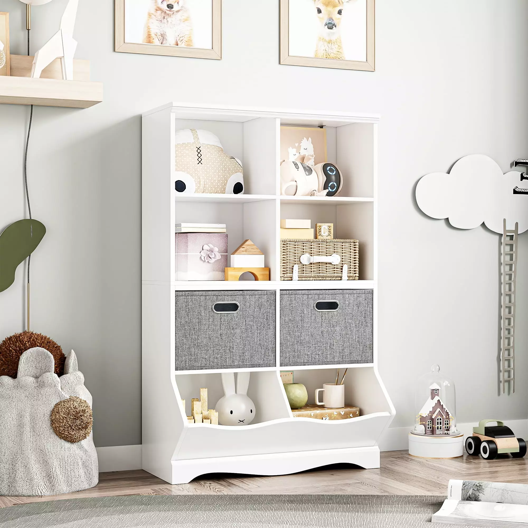 Homfa Kids Cubby Toy Storage Cabinet 8 Cube Bookcase 2 Cloth Drawers White
