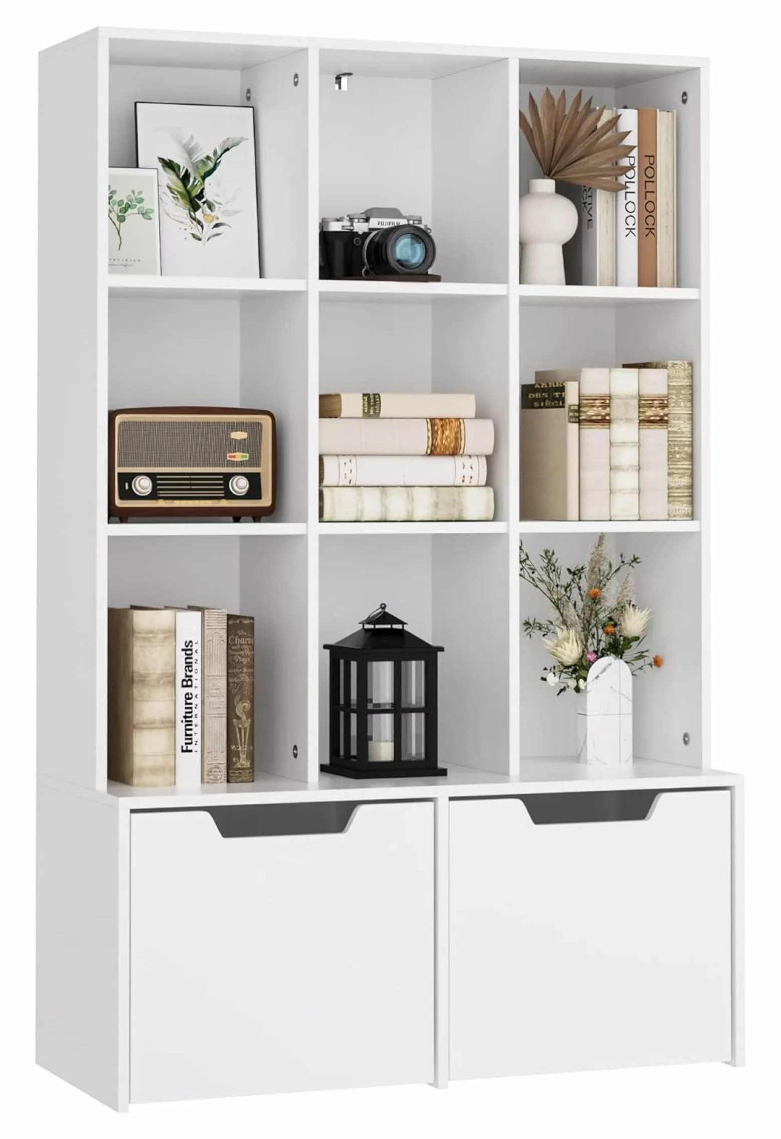 Jia ma sha Cube Bookshelf 55.1 H Bookcase Storage Cabinet Wooden 9 Compartments 2 Large Drawers Home Office