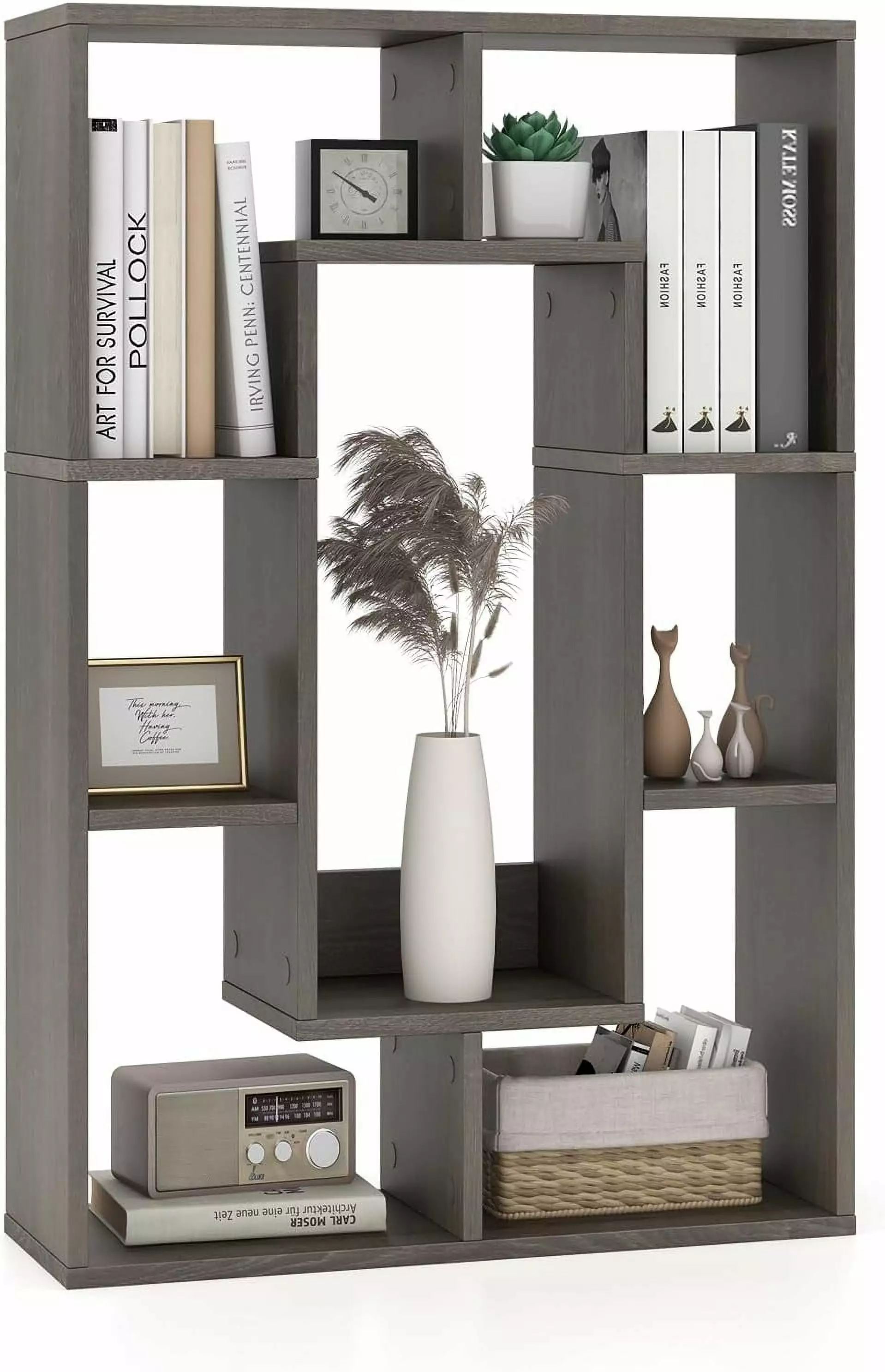 7 Cube Book Shelf Freestanding Wooden Bookcase Anti Tipping Kits Geometric Open Cube Storage Organizer Display Rack Modern...