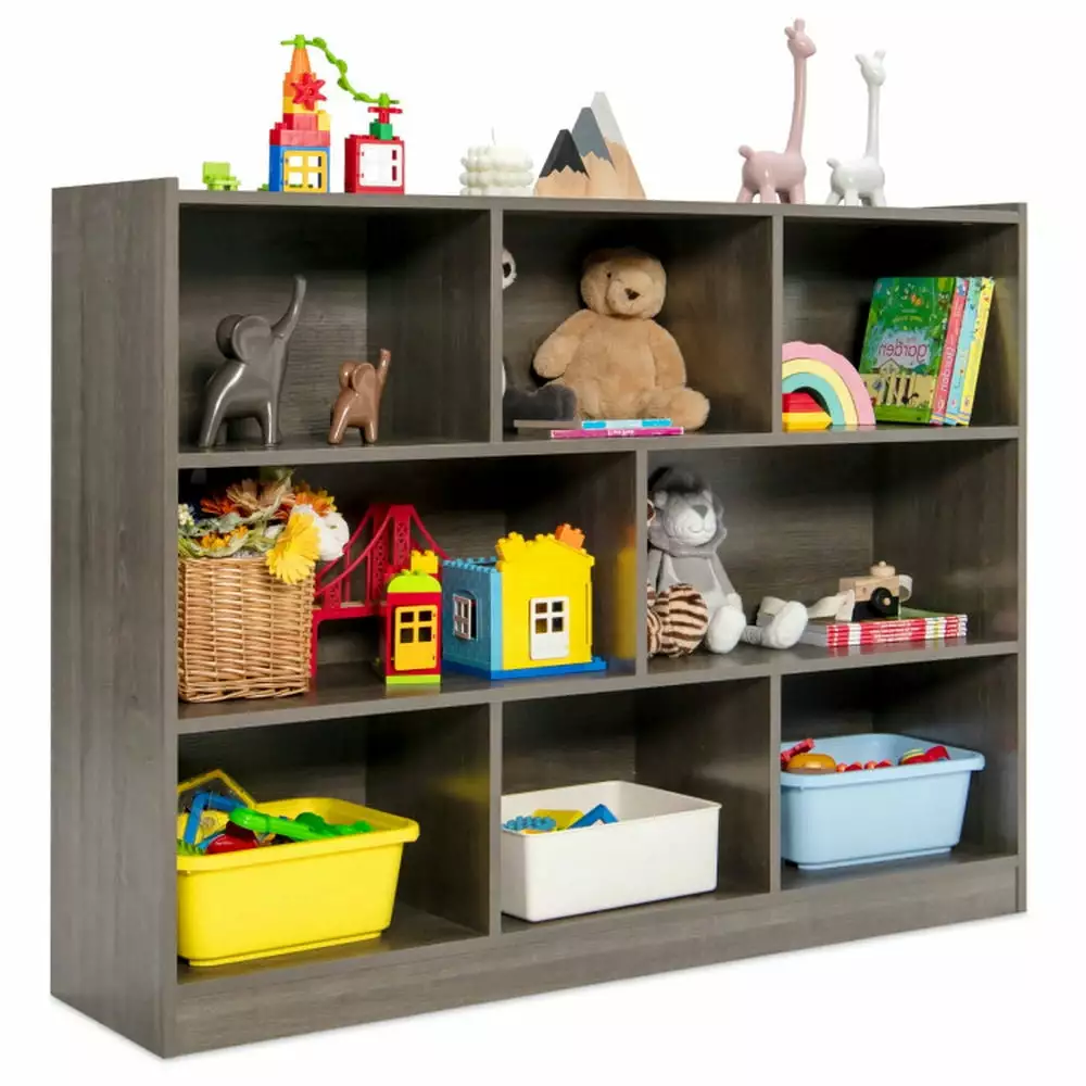 3-Tier Open Bookcase 8-Cube Floor Standing Storage Shelves Display Cabinet Corner Organizer Bedroom Home Office Gray Topcobe