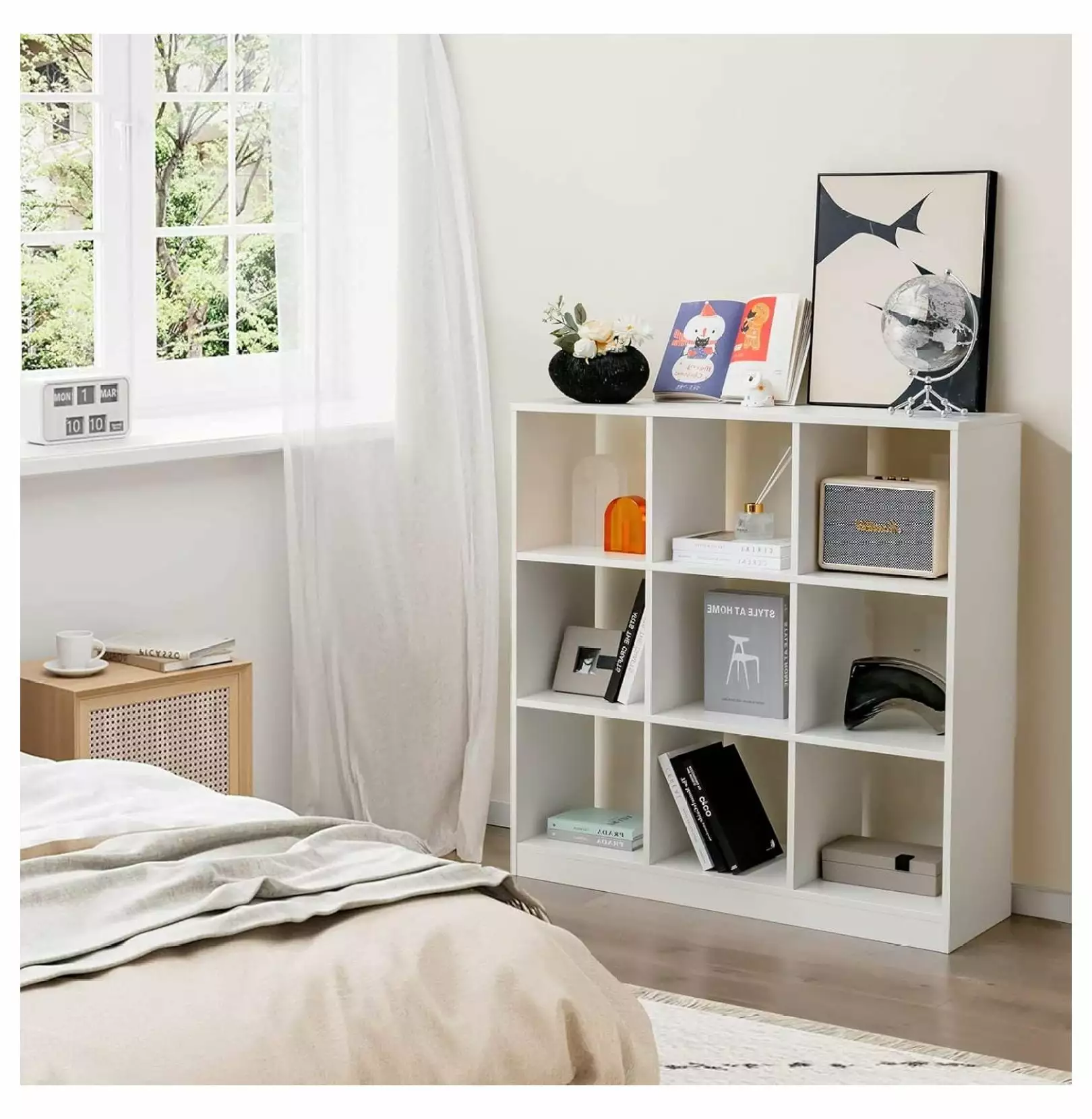 wangc123 9-Cube Bookcase White 4-tier Freestanding Open Bookshelf Anti-Tipping Kit Living Room Kids Room