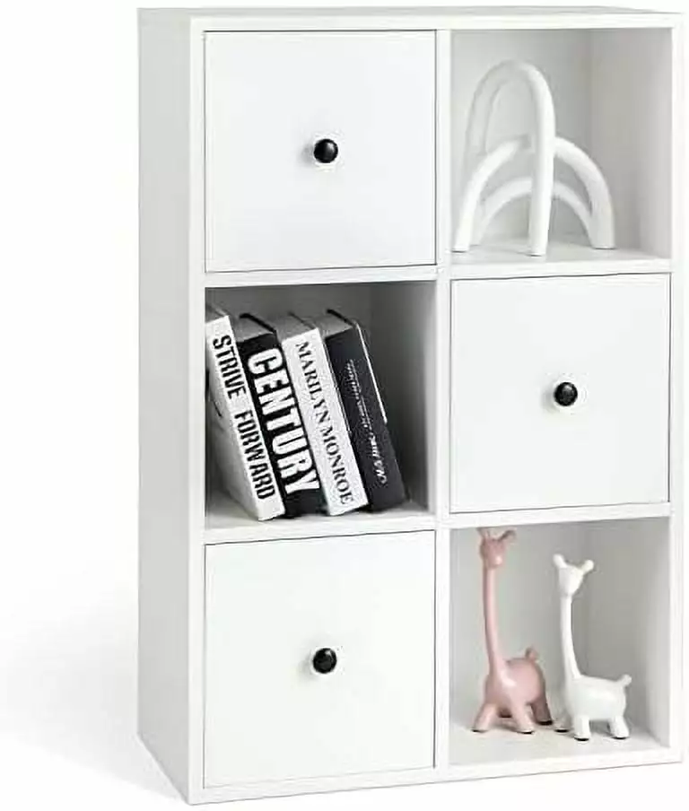 XINZHEN 6-Cube Bookcase Drawers 3-Tier Freestanding Wooden Bookshelf Anti-toppling Device White