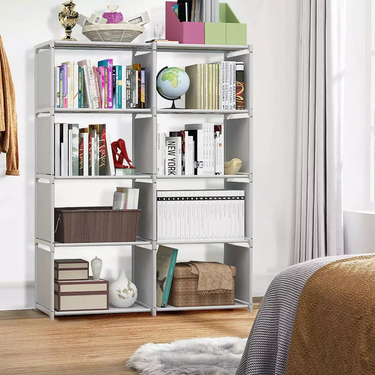 YEEFO 8-Cube Portable Bookshelf - Adjustable 5-Shelf Bookcase Home Office Bedroom - DIY Square Organizer
