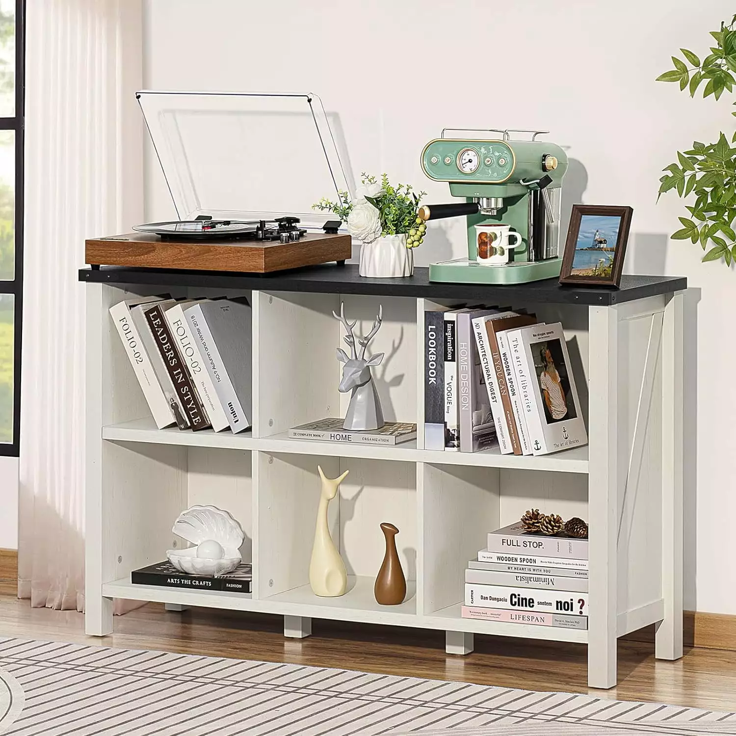 Farmhouse 6 Cube Bookshelf Antique White & Black Wooden Storage Organizer Book Shelf 47 Cubby Hallway Bookcase ZHIBING