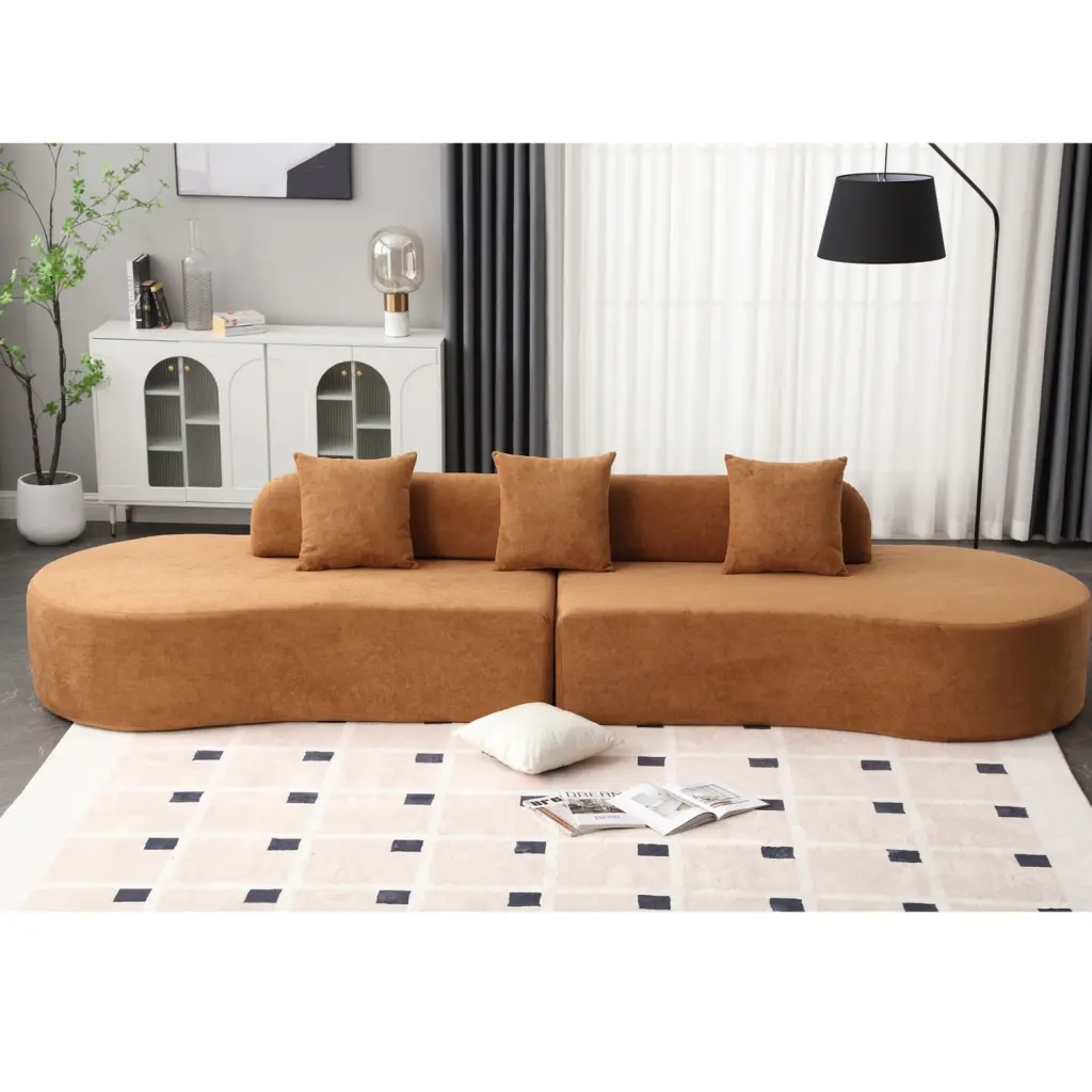 Miekor Furniture Pre-Assembled Modern Curved Brown Terrycloth Fabric Sofa Three Pillows
