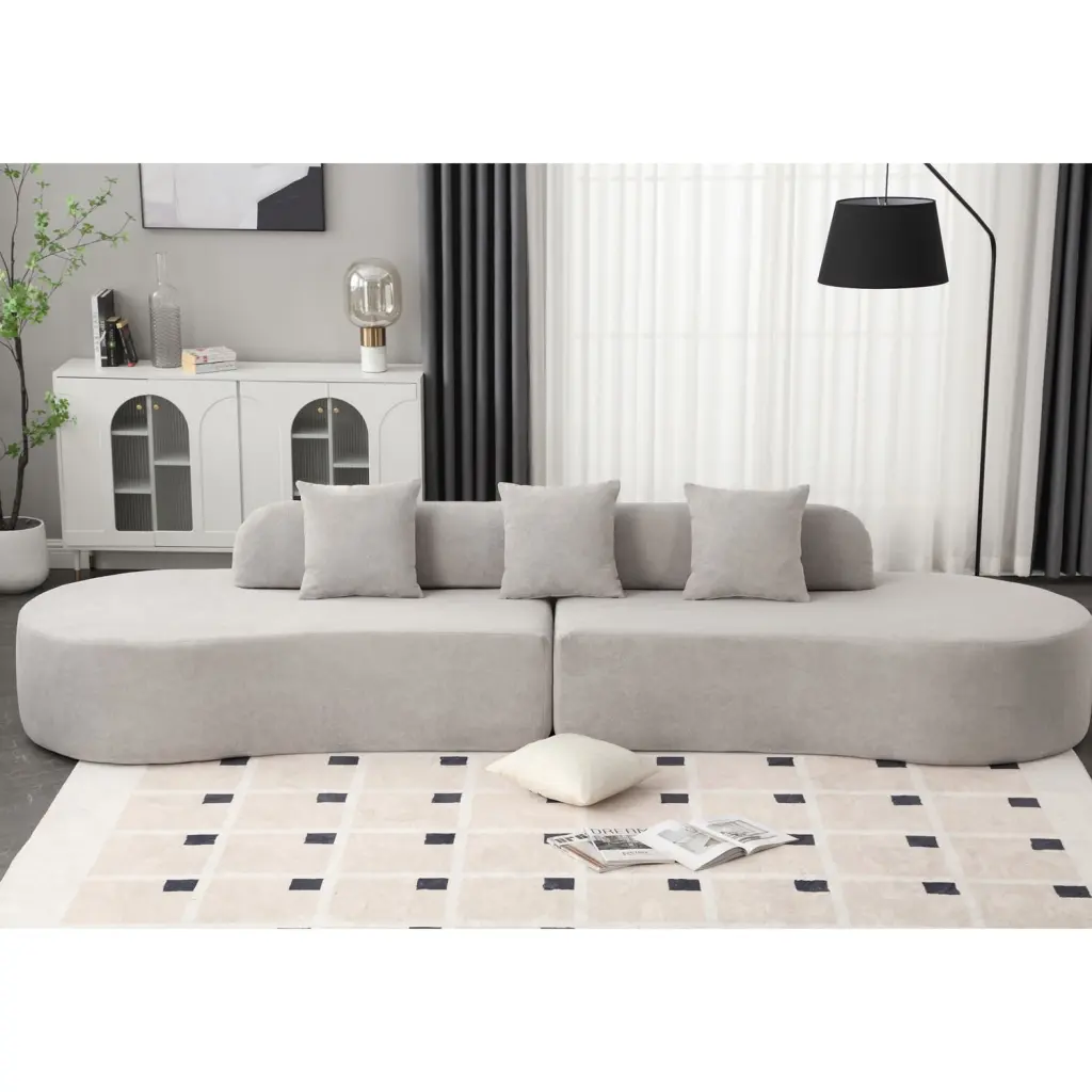 Miekor Furniture Pre-Assembled Modern Curved Gray Terrycloth Fabric Sofa Three Pillows