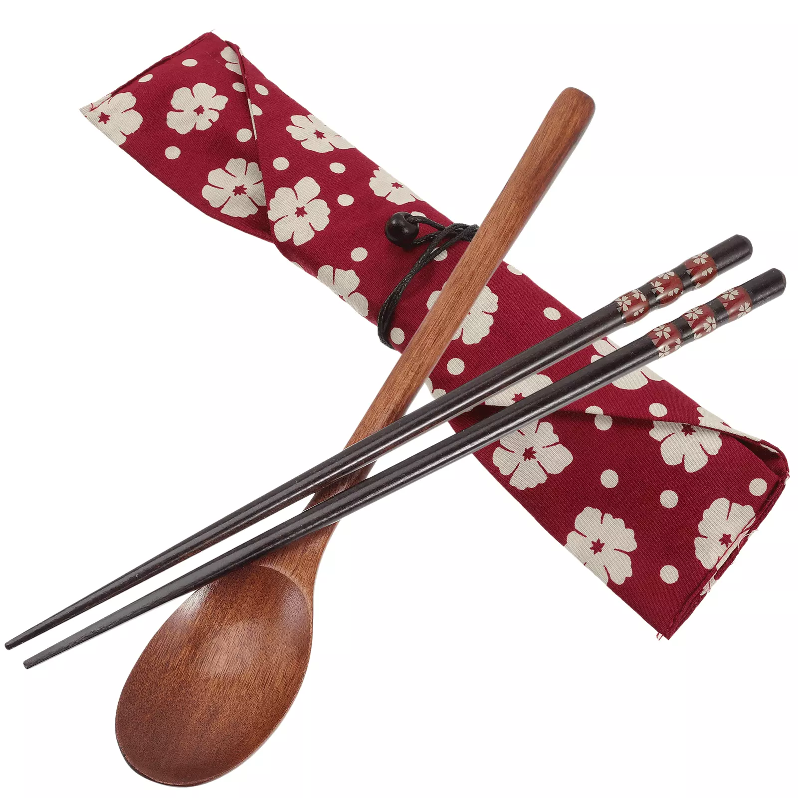 Japanese Decoration Flatware Portable Utensil Kit Jewelry Travel Camping Tablewares Wooden Red Fabric