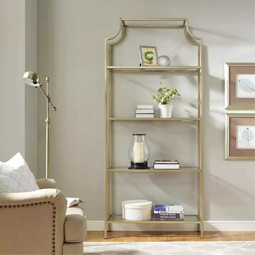 Ergode Aimee Tagre Pagoda-Inspired Metal and Glass Bookshelf - Antique Gold Finish