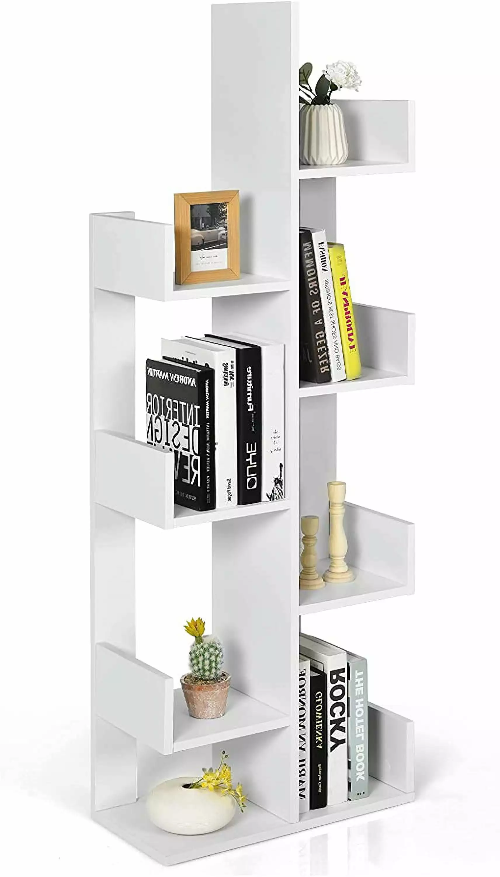Wooden Bookcase Tree-Shaped Modern Display Bookshelf 8 Storage Shelves Anti-Toppling 4 Tier Freestanding Organizer CDs Mov...