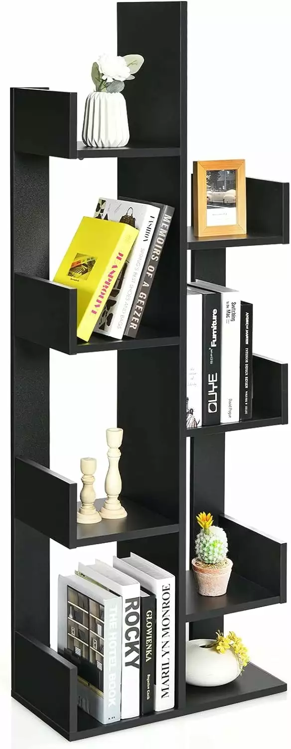 Wooden Bookcase Tree-Shaped Modern Display Bookshelf 8 Storage Shelves Anti-Toppling 4 Tier Freestanding Decorative Storag...