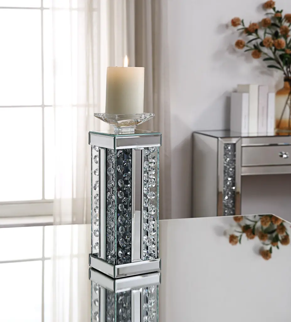 Nysa Mirrored & Faux Crystals Accent Candleholder - Glamorous Home Decor