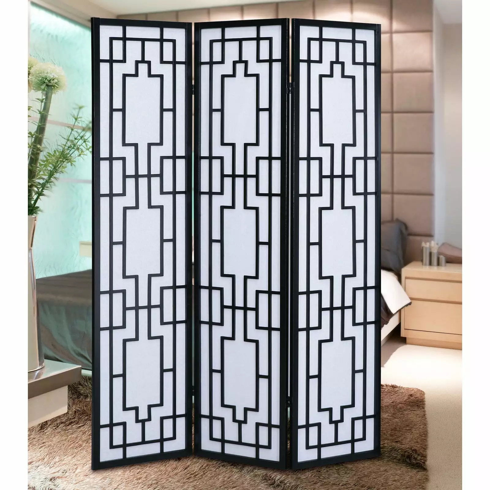 Roundhill Furniture Sudoku Paper and Wood 3-Panel Room Divider Screen Black