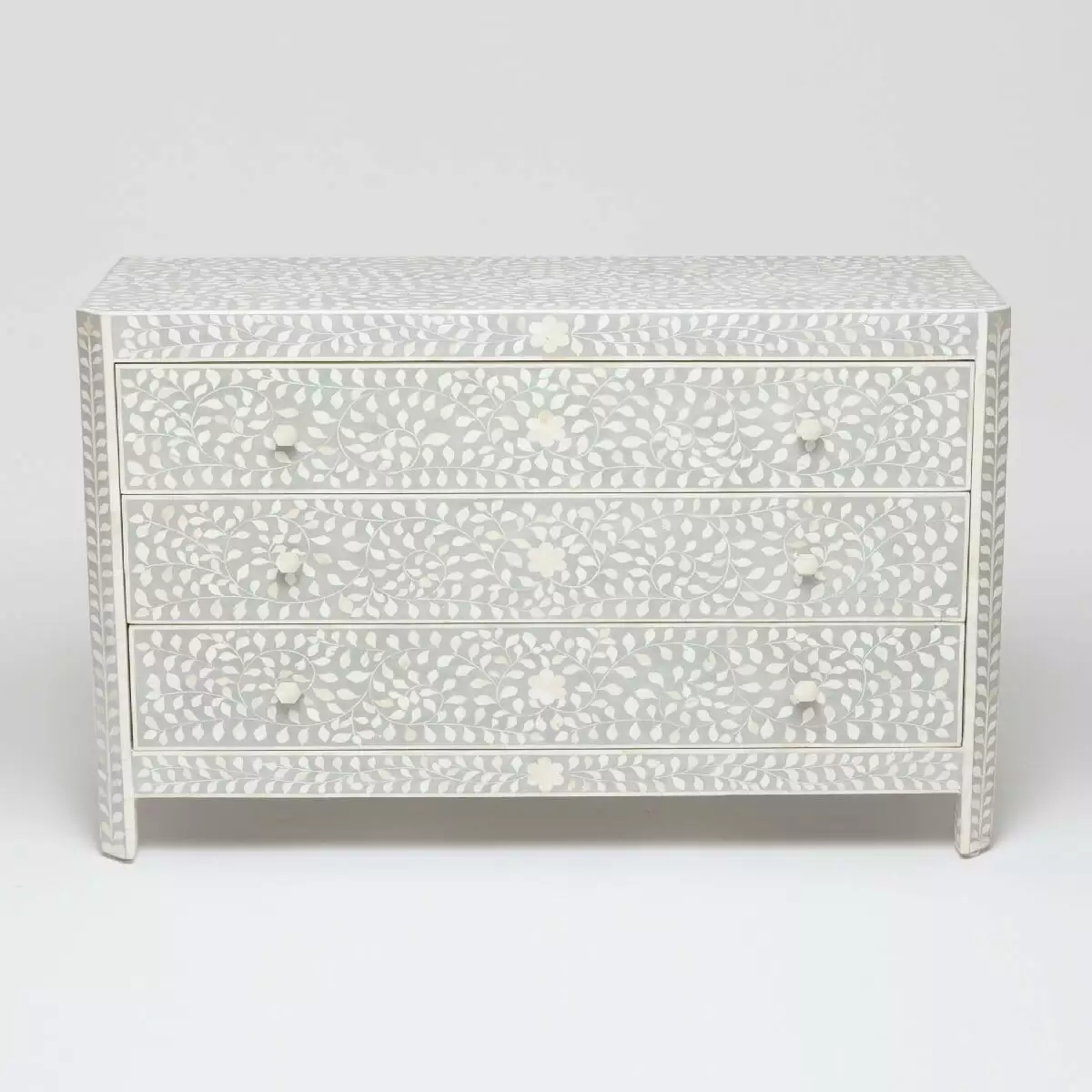 Bone Inlay Floral 3 Drawer Dresser Grey Handcrafted Storage Cabinet Luxury Handicrafts