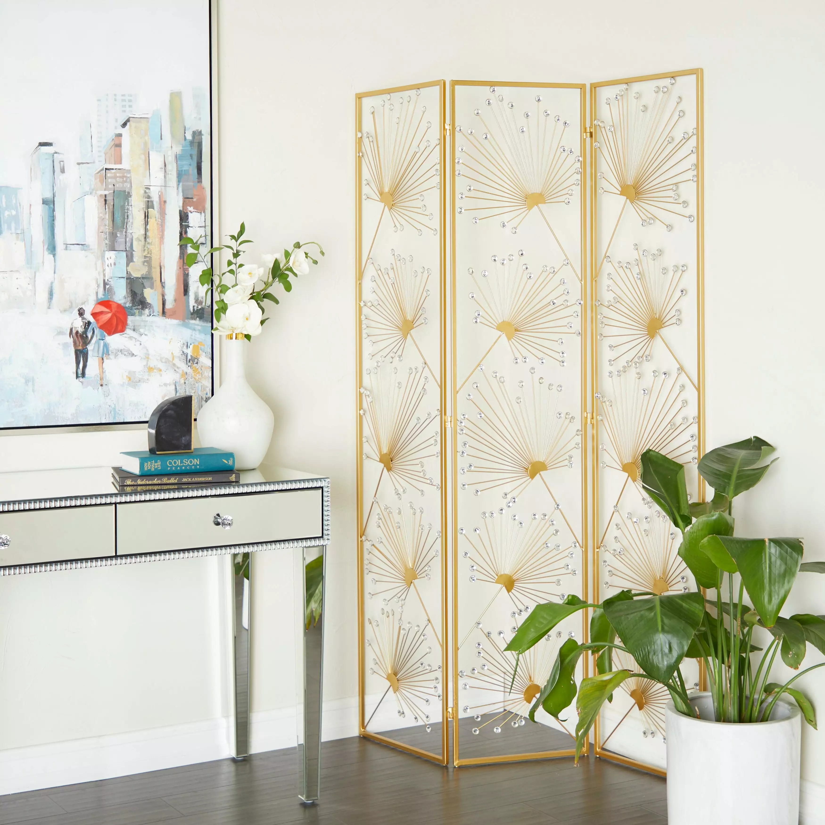 Studio 350 Gold Metal Glam Room Divider Screen Crystal Embellishments 46 x 1 x 71