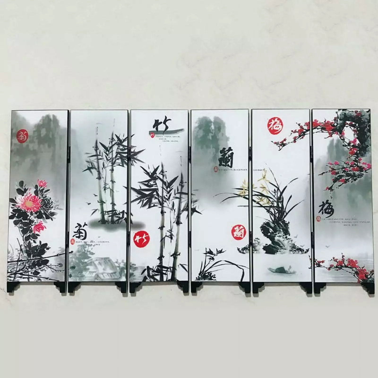 Ana 6 Panel Folding Privacy Screen Wood Frame Plum Orchid Bamboo Chrysanthemum Design