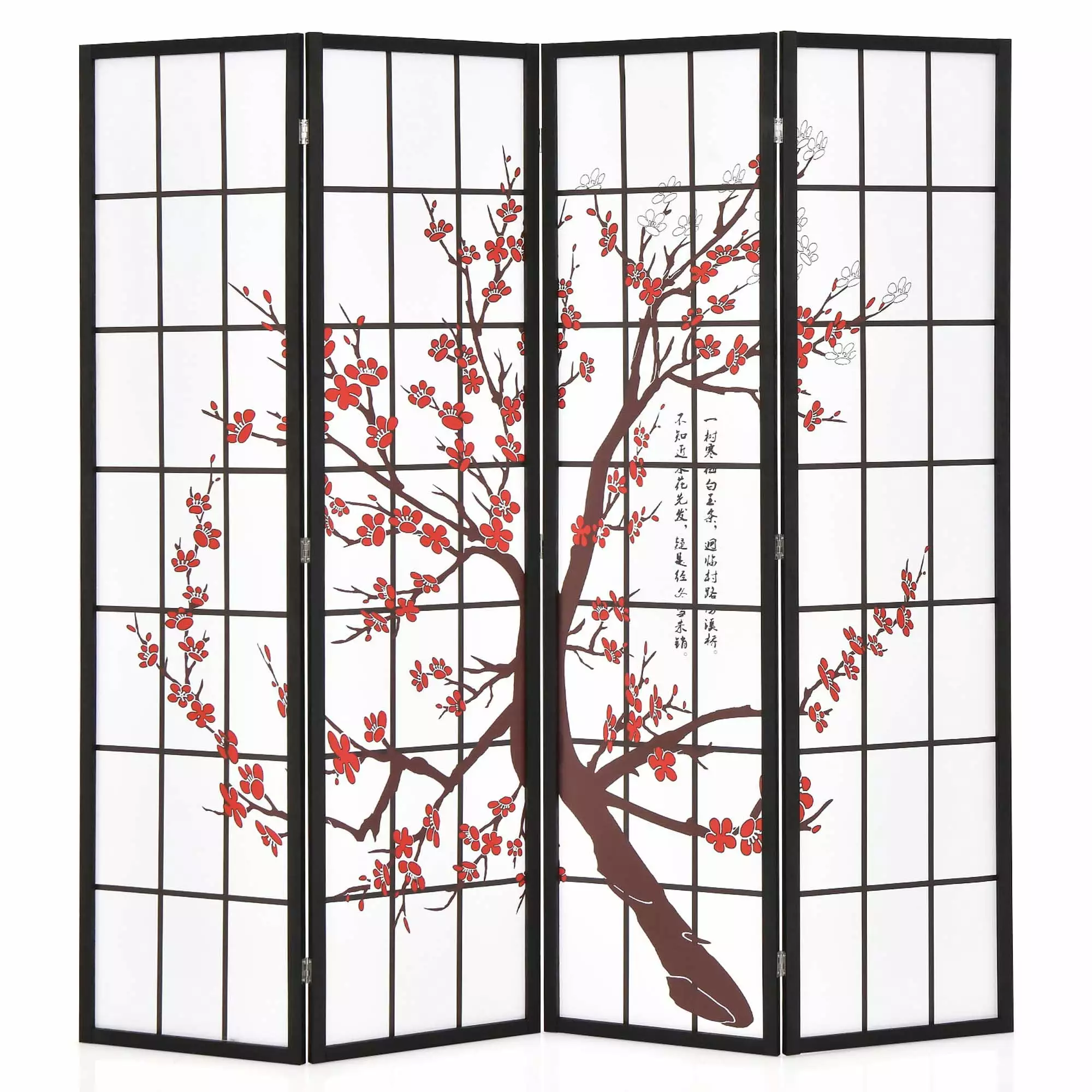 Costway 4-Panel Japanese Style Folding Room Divider Elegant Plum Blossom Design