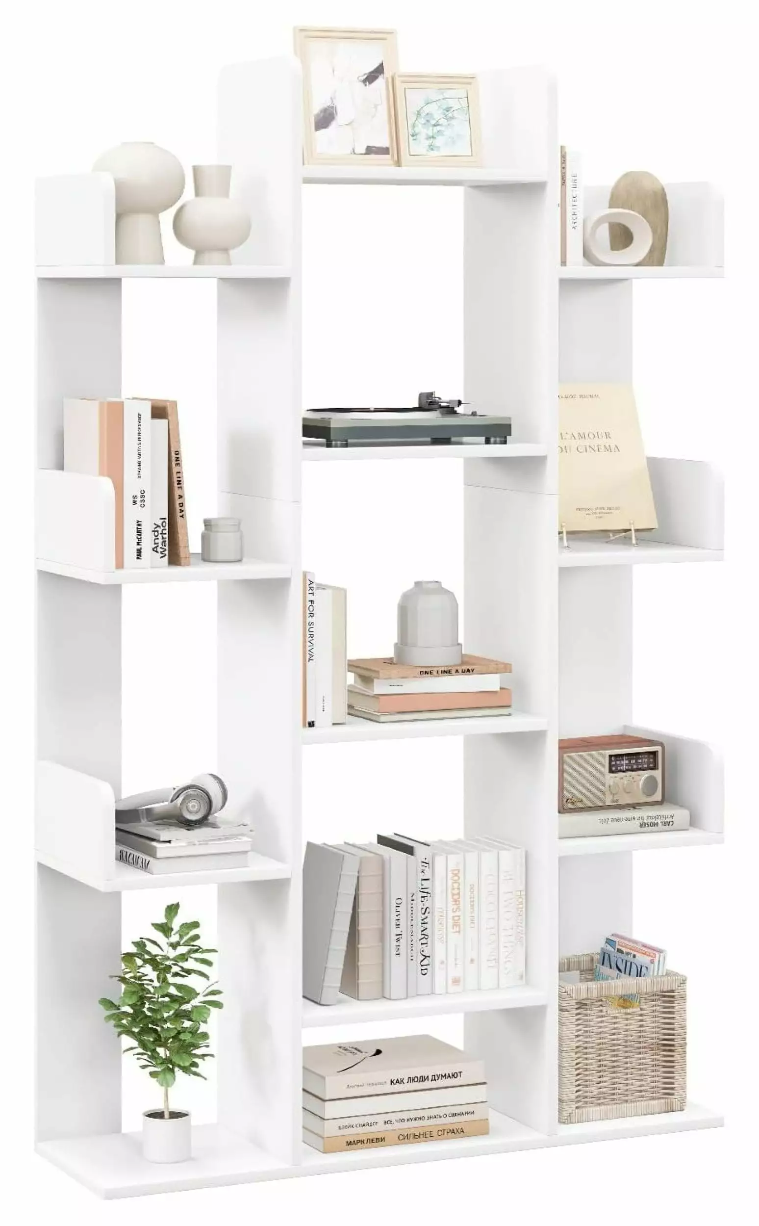 Killeryuki White Tree Bookshelf Freestanding Corner Storage Organizer 13 Open Shelves Living Room Office