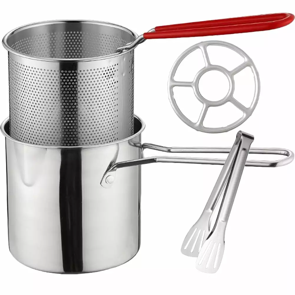 BESTONZON 1 Set Stainless Steel Fryer Pot Basket and Tong Stove Ring