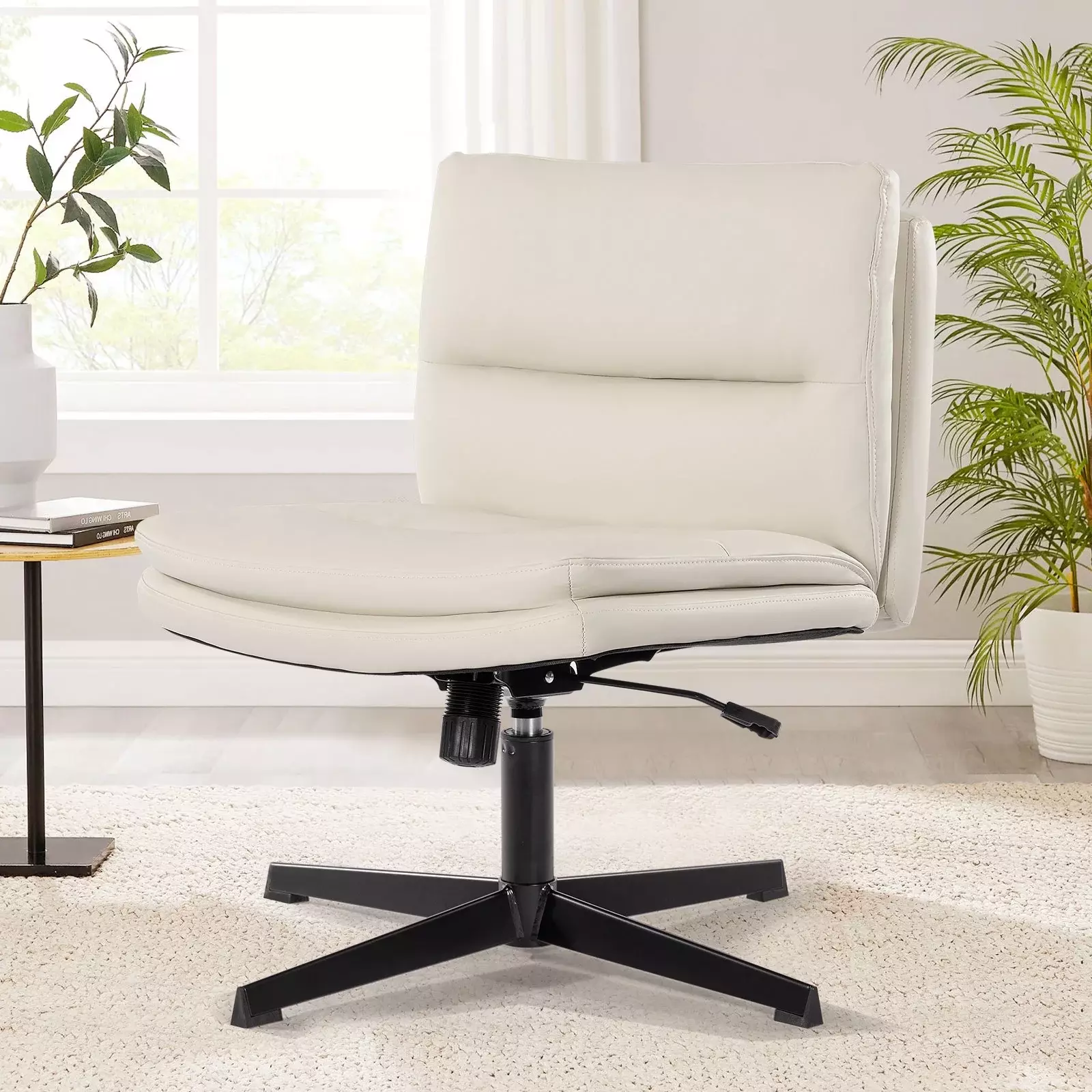 GeeHome PU Leather Armless Office Desk Chair No Wheels Home Office Chair Wide Padded Swivel Vanity Chair 120Rocking Mid Ba...