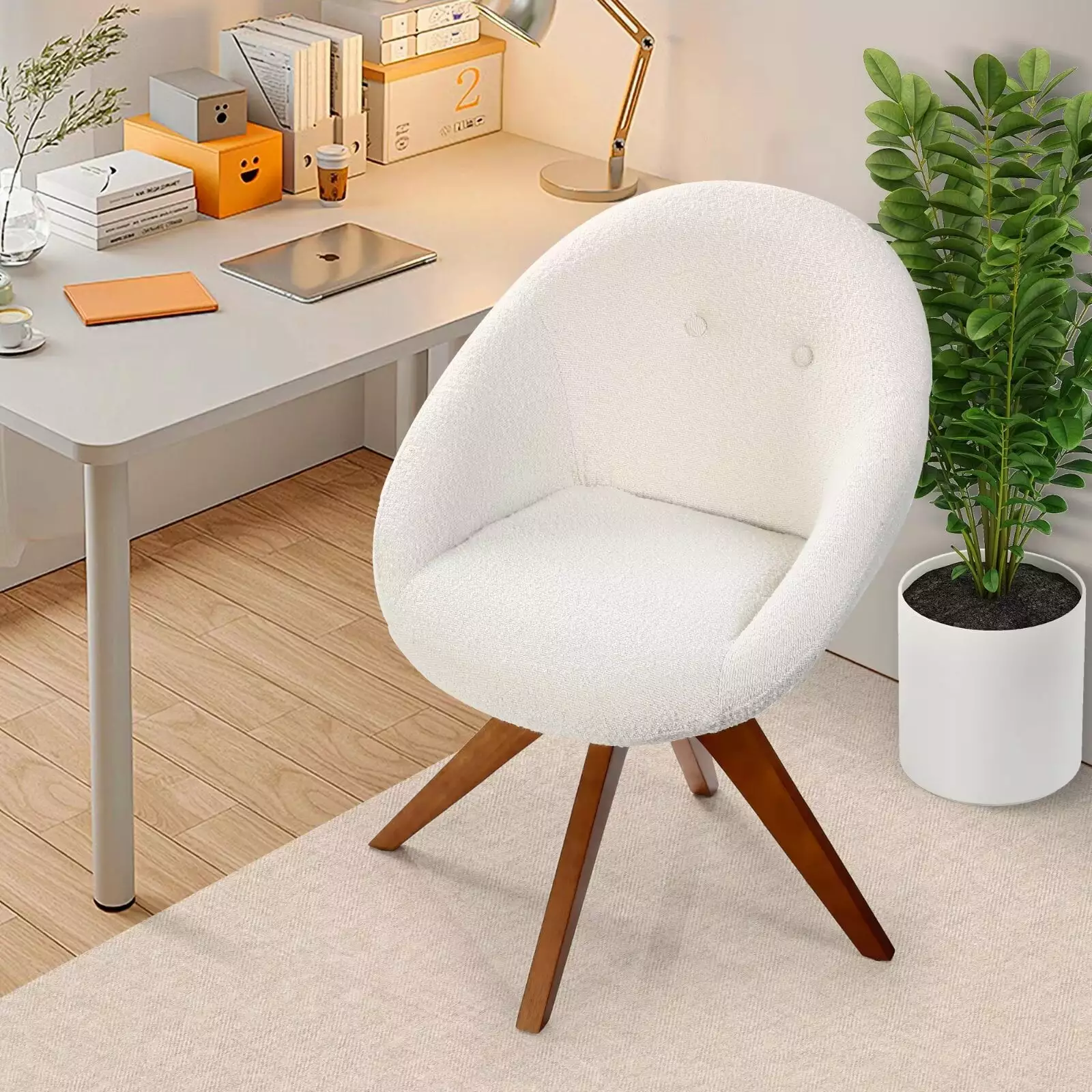 Mid Century Modern Swivel Desk Chair No Wheel Teddy Velvet Upholstered Swivel Office Chair Wooden Legs Dinner Chairs Easy ...