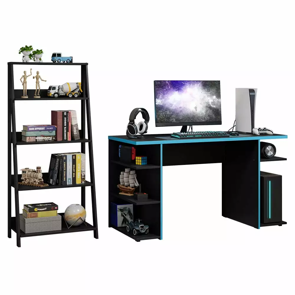 Madesa Gamer Desk 53 + Ladder Shelf Standing Bookcase Black Blue