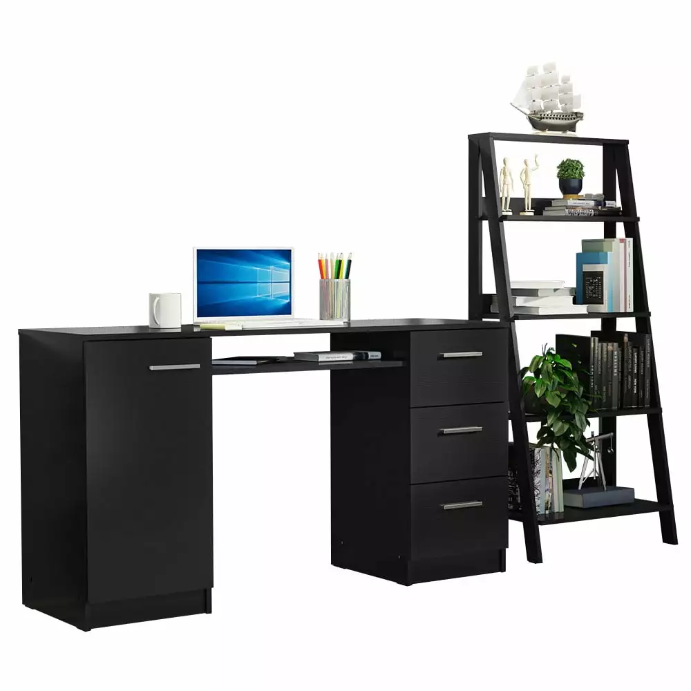 Madesa Home Office Desk 53 + Ladder Shelf Standing Bookcase Black