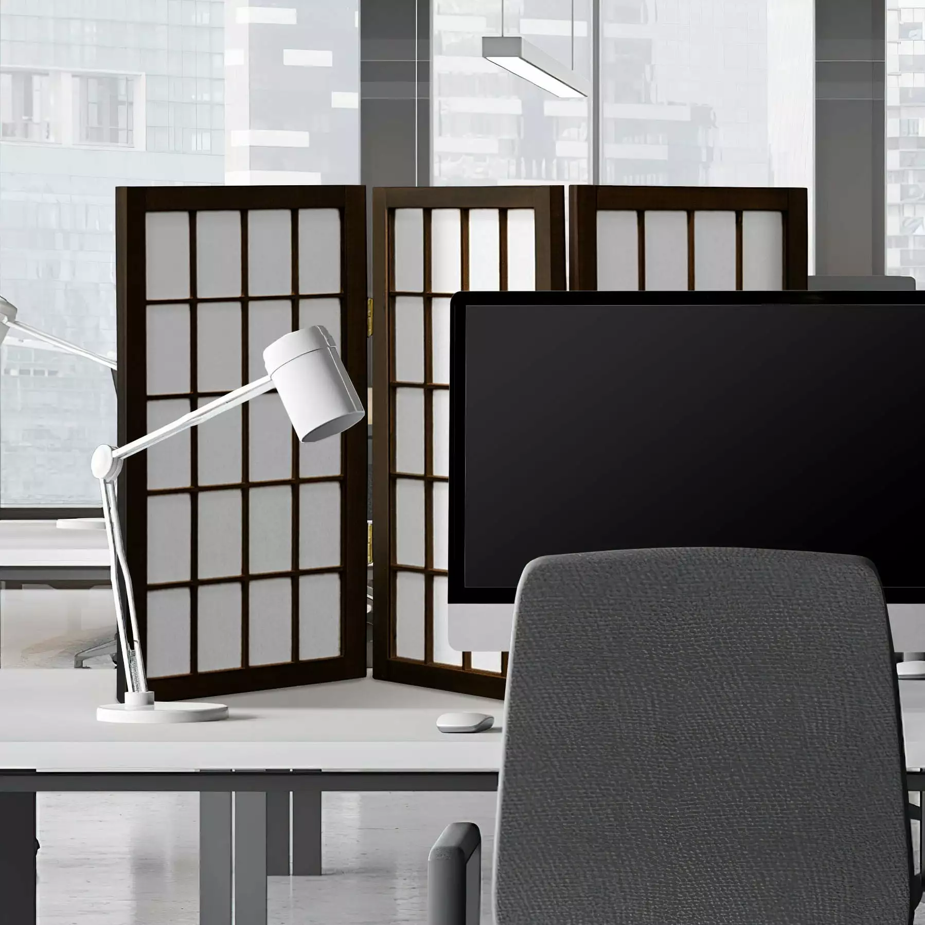 2 ft Tall Desktop Window Pane Shoji Screen Walnut 3 Panels Small Room Divider Oriental Furniture